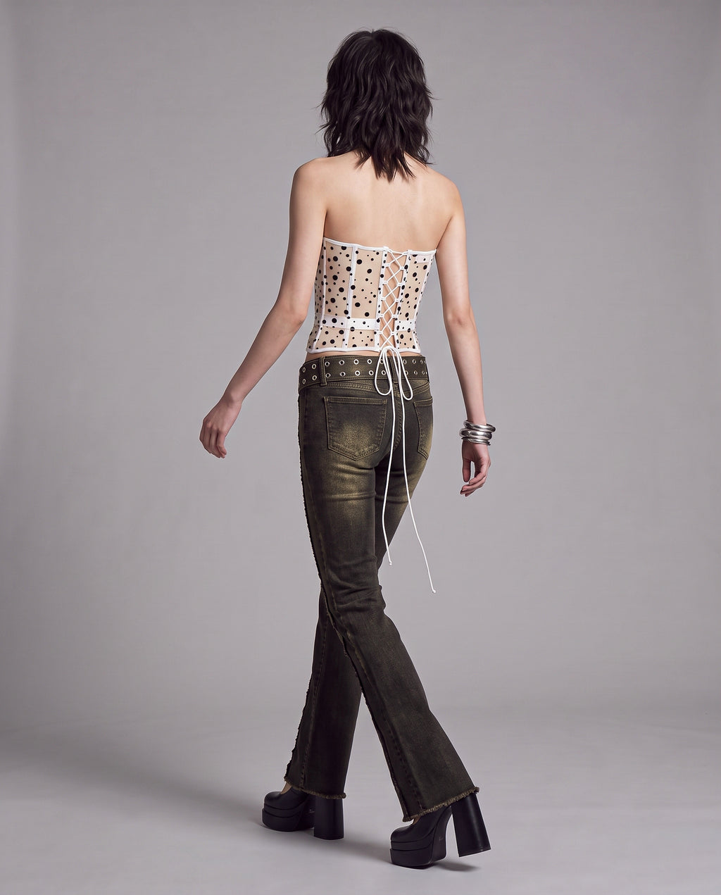 Polka Dot Sheer Mesh Corset Top with Lace-Up Back