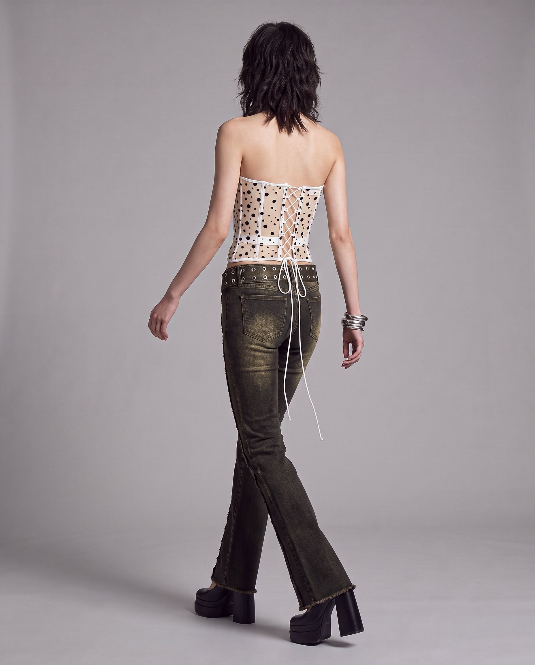Polka Dot Sheer Mesh Corset Top with Lace-Up Back