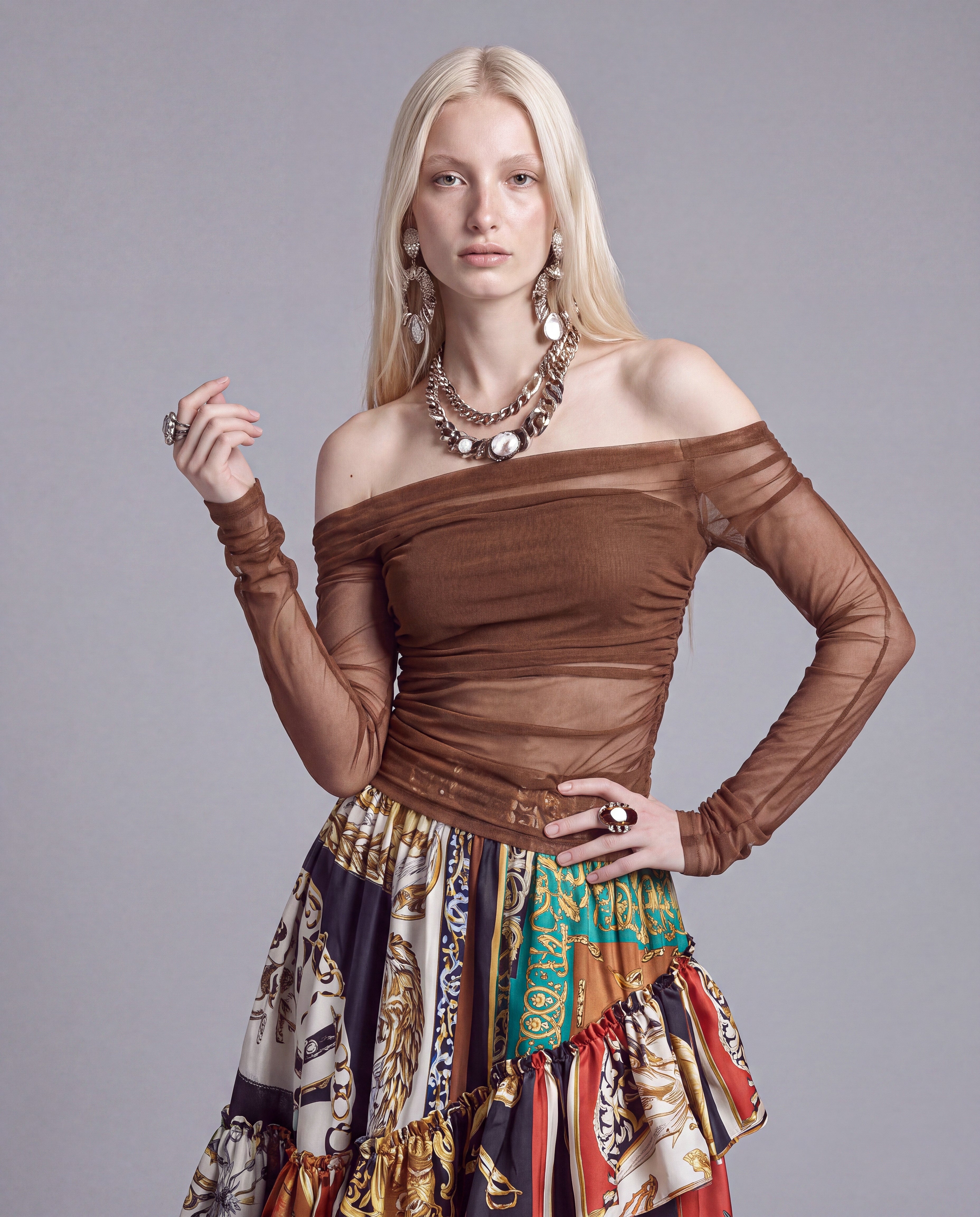 Off-Shoulder Ruched Mesh Long Sleeve Top with Cutout Detail