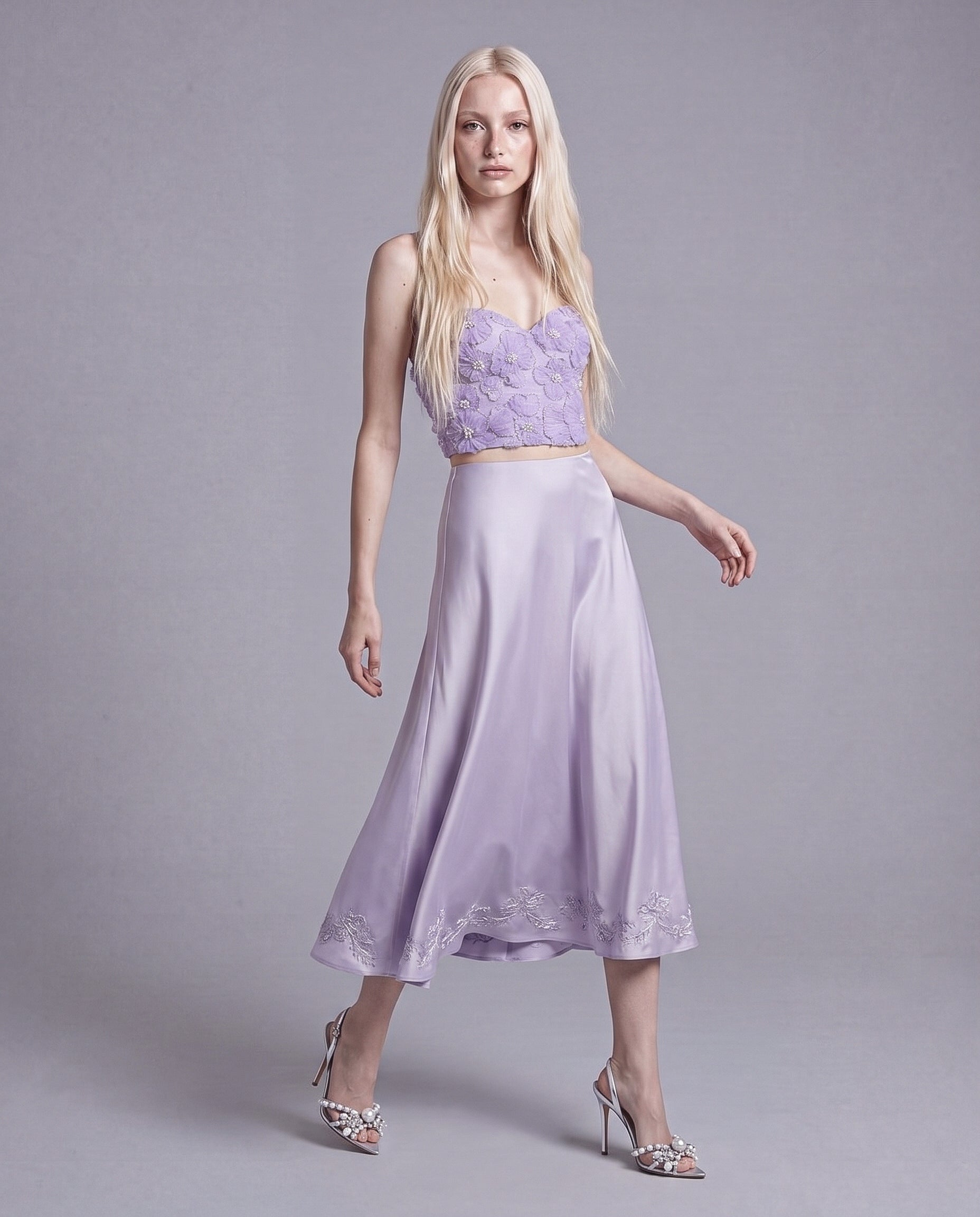 Floral Appliqué Corset Top with Beaded Sweetheart Neckline