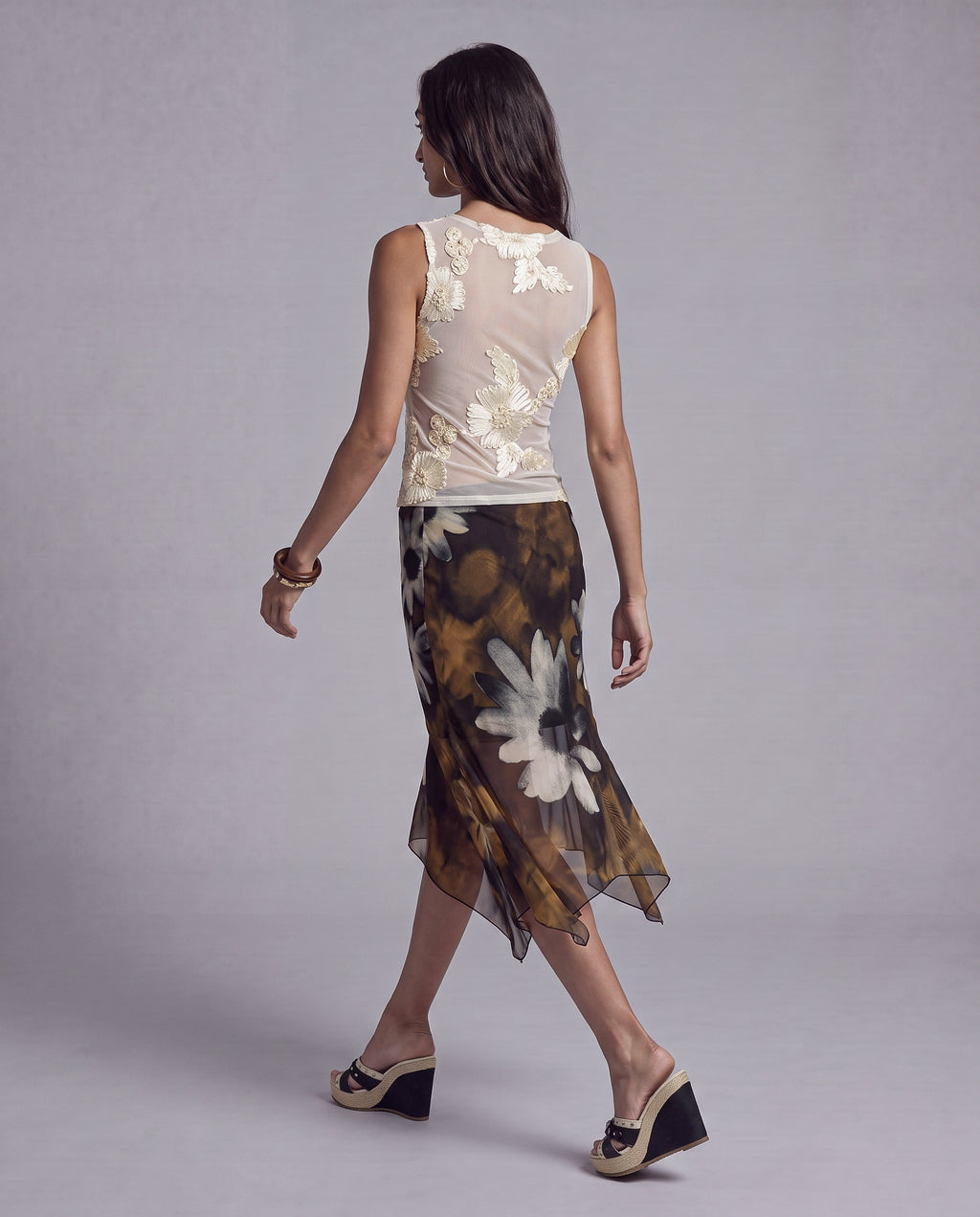 Sheer Mesh Tank Top with Raised Floral Embroidery
