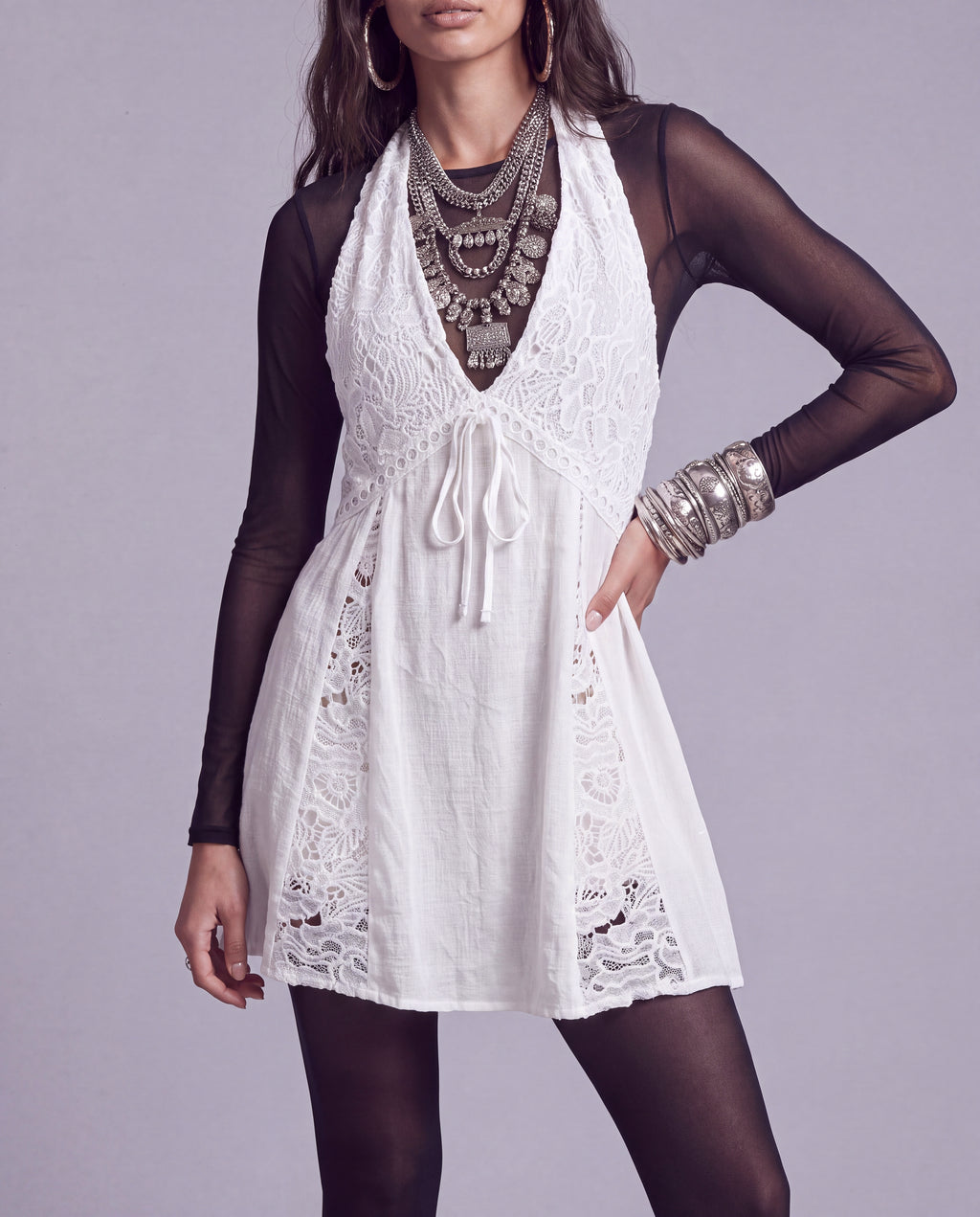 Lace Panel Halter Mini Dress with Plunging V Neckline and Tie Front