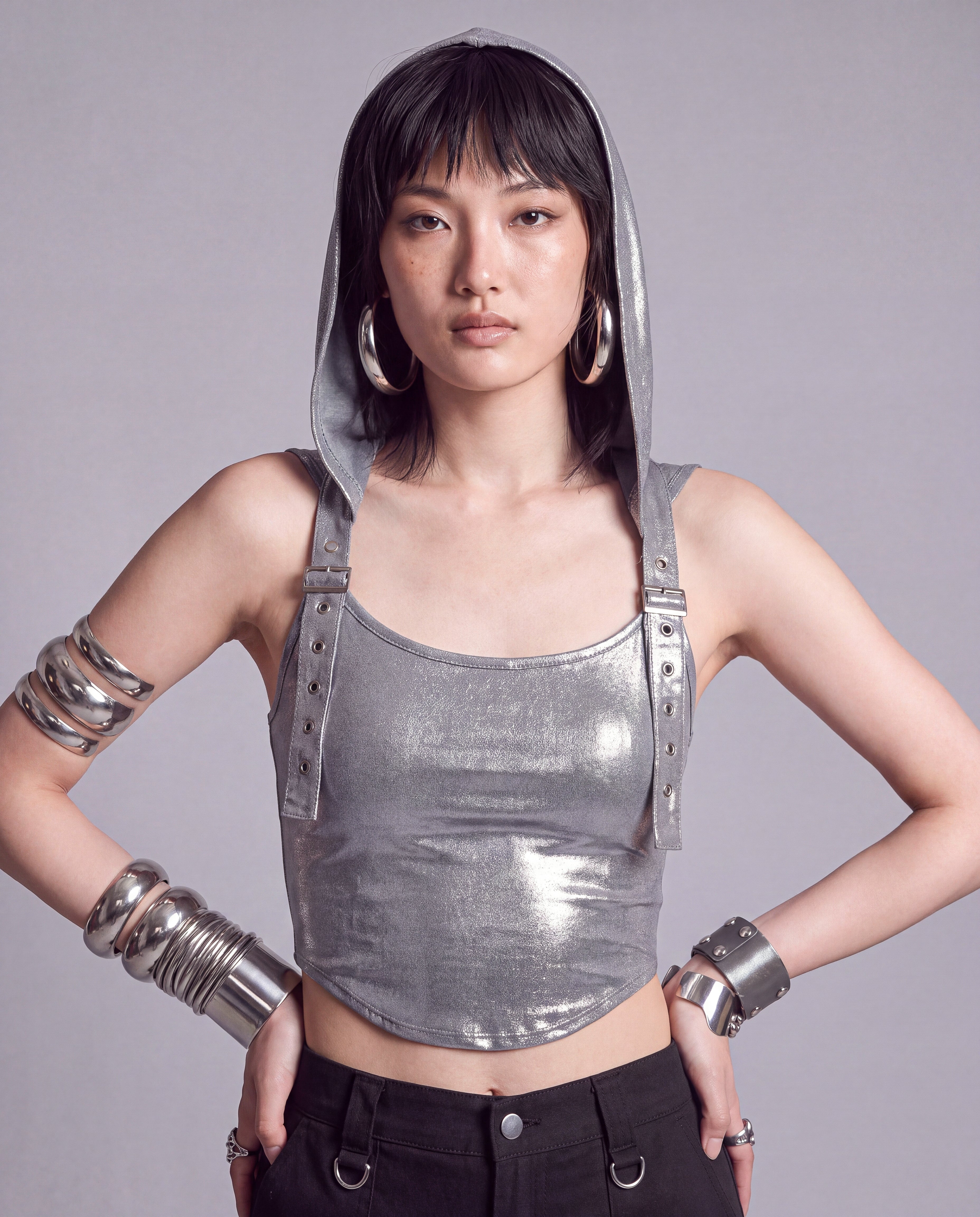 Metallic Hooded Crop Tank Top with Adjustable Buckled Straps