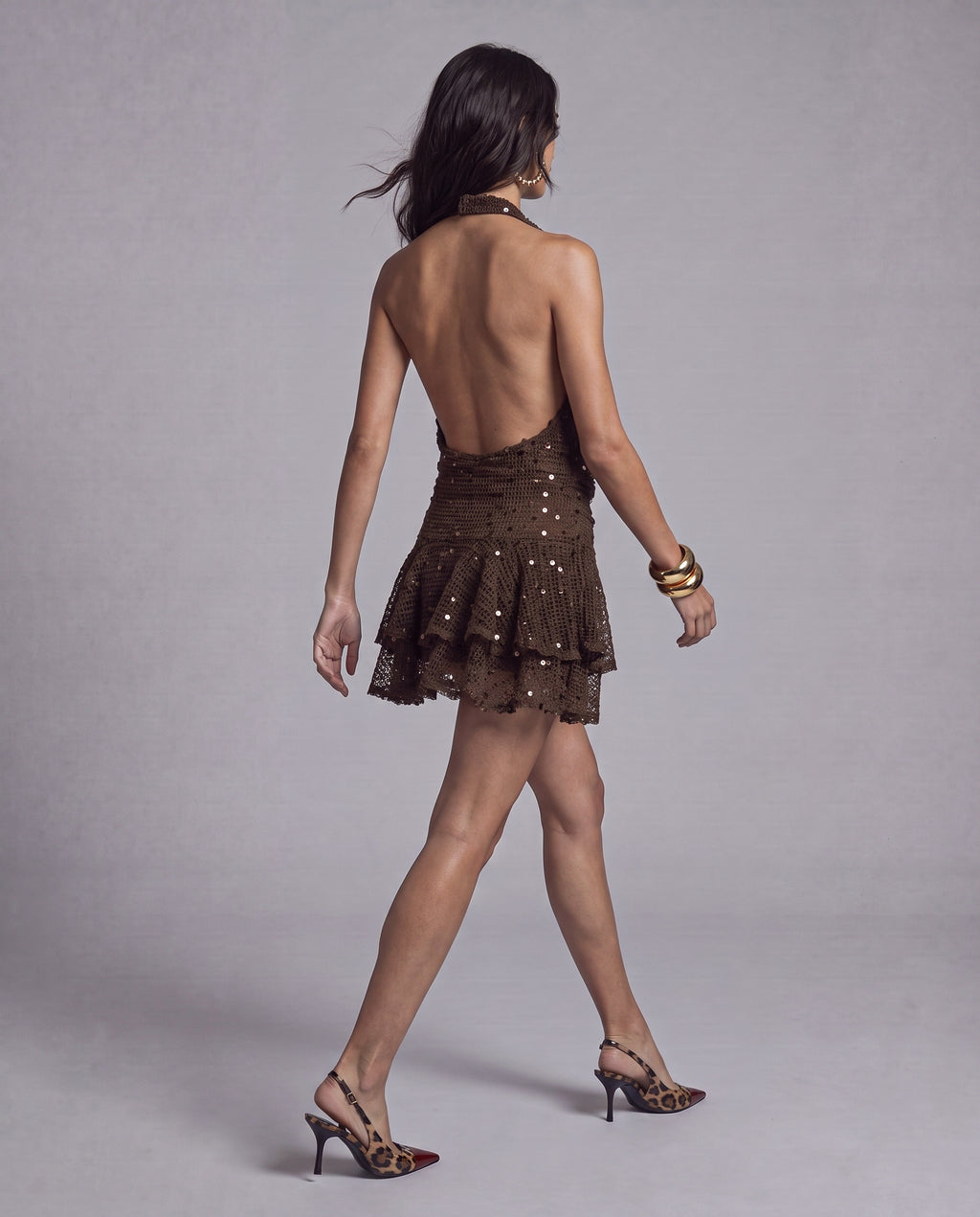 Sequin Crochet Halter Mini Dress with Open Back and Tiered Ruffle Skirt