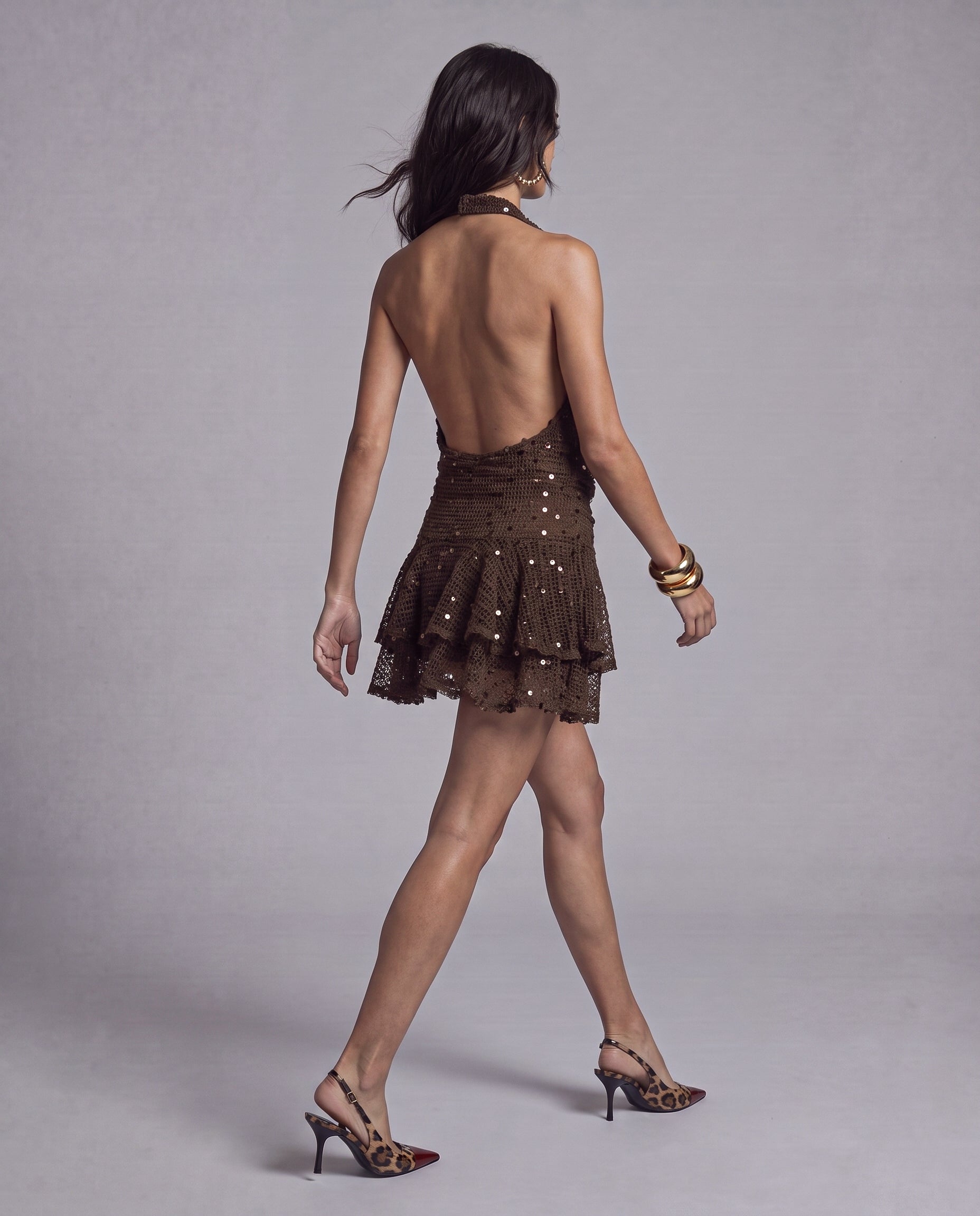Sequin Crochet Halter Mini Dress with Open Back and Tiered Ruffle Skirt