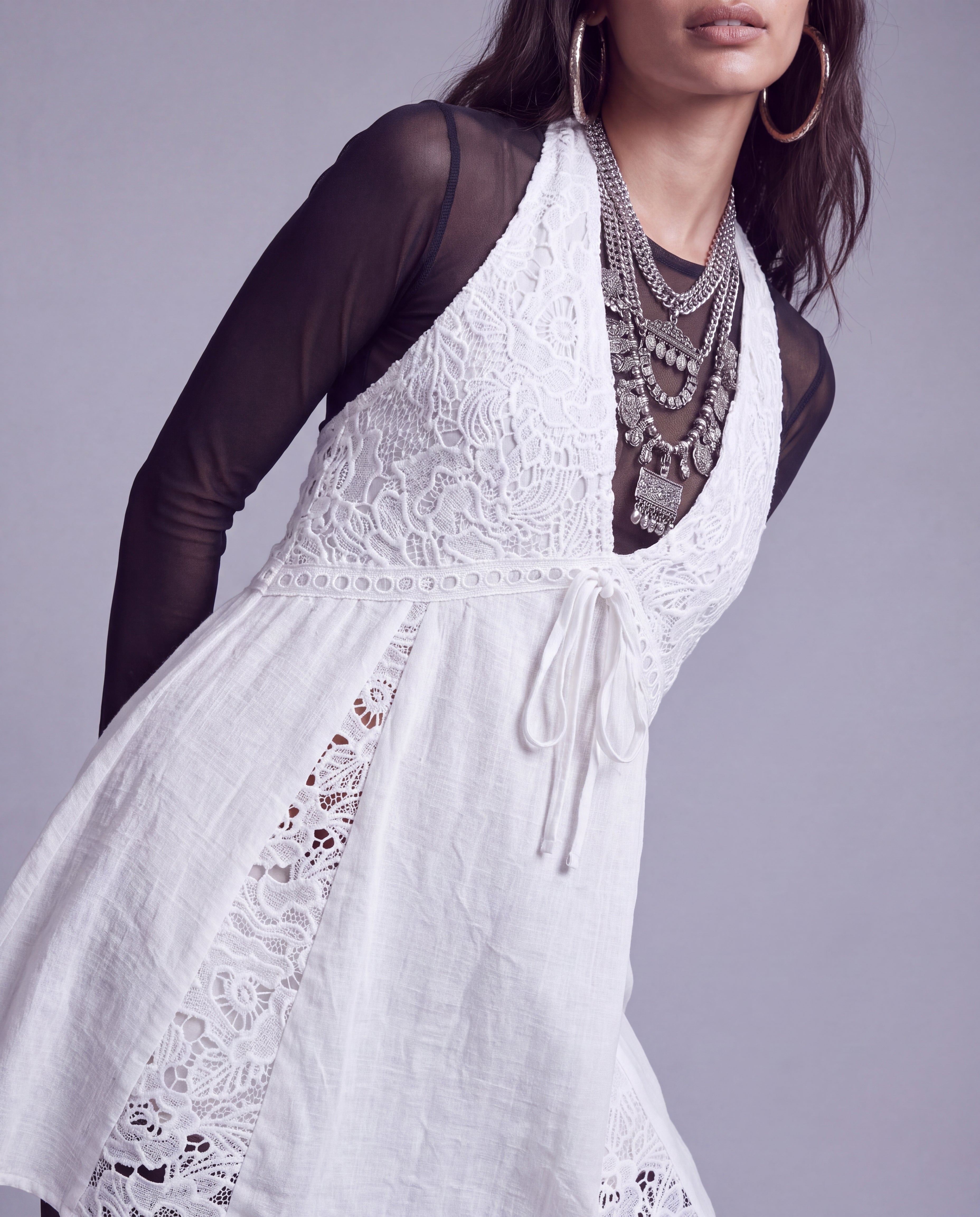 Lace Panel Halter Mini Dress with Plunging V Neckline and Tie Front