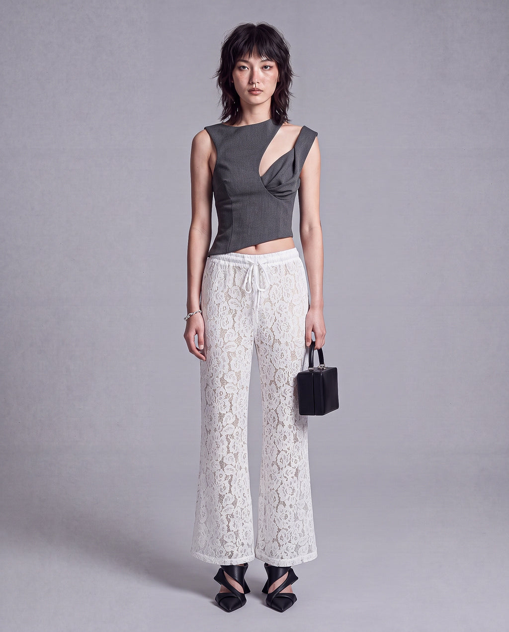 Sheer Floral Lace Wide Leg Pants with Drawstring Waist