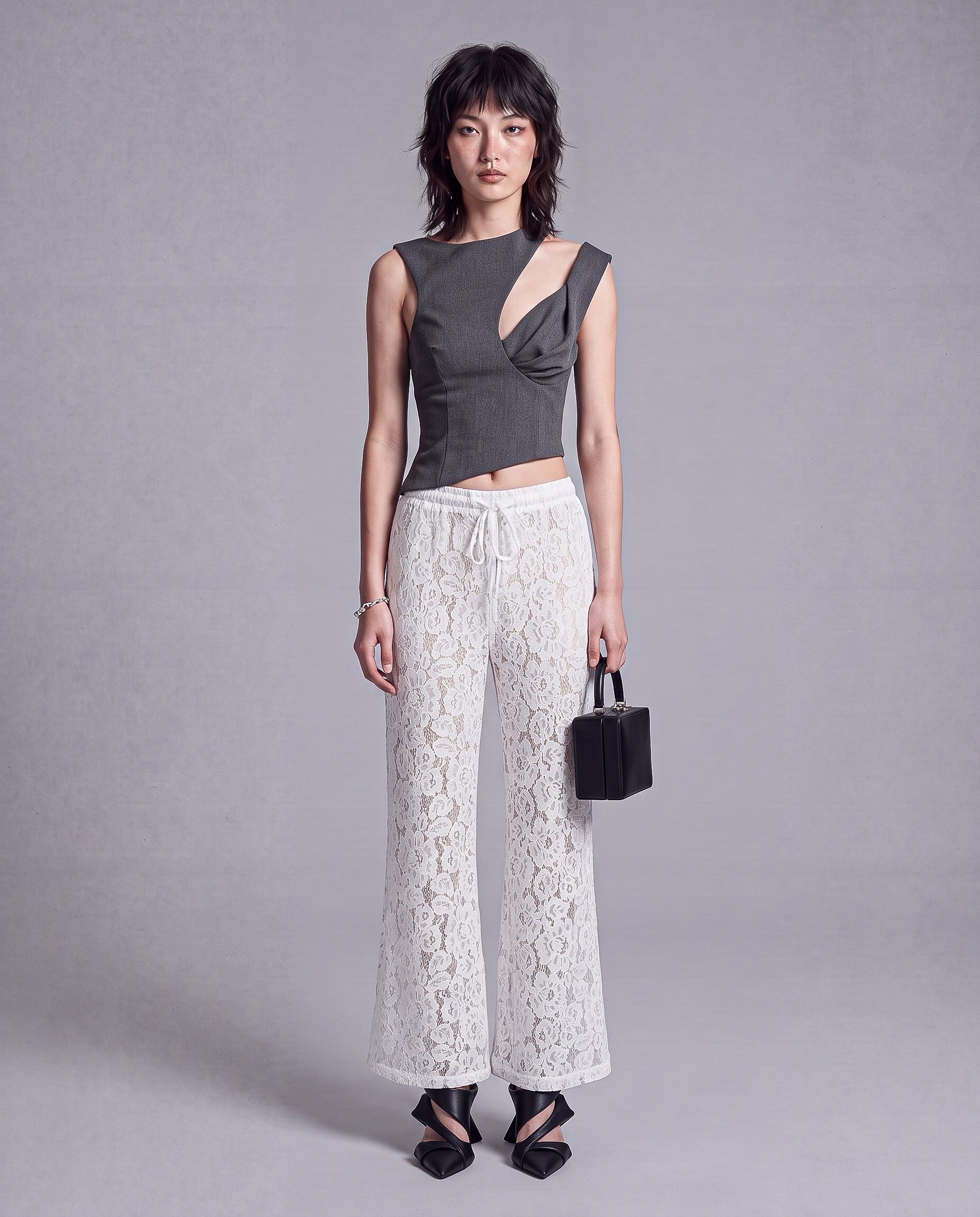 Sheer Floral Lace Wide Leg Pants with Drawstring Waist