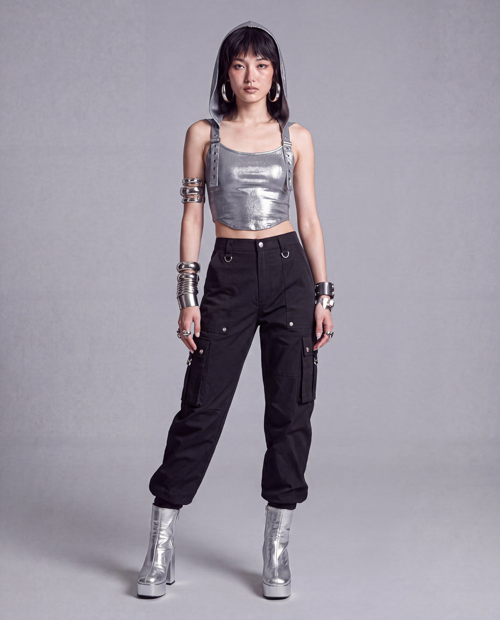 Metallic Hooded Crop Tank Top with Adjustable Buckled Straps