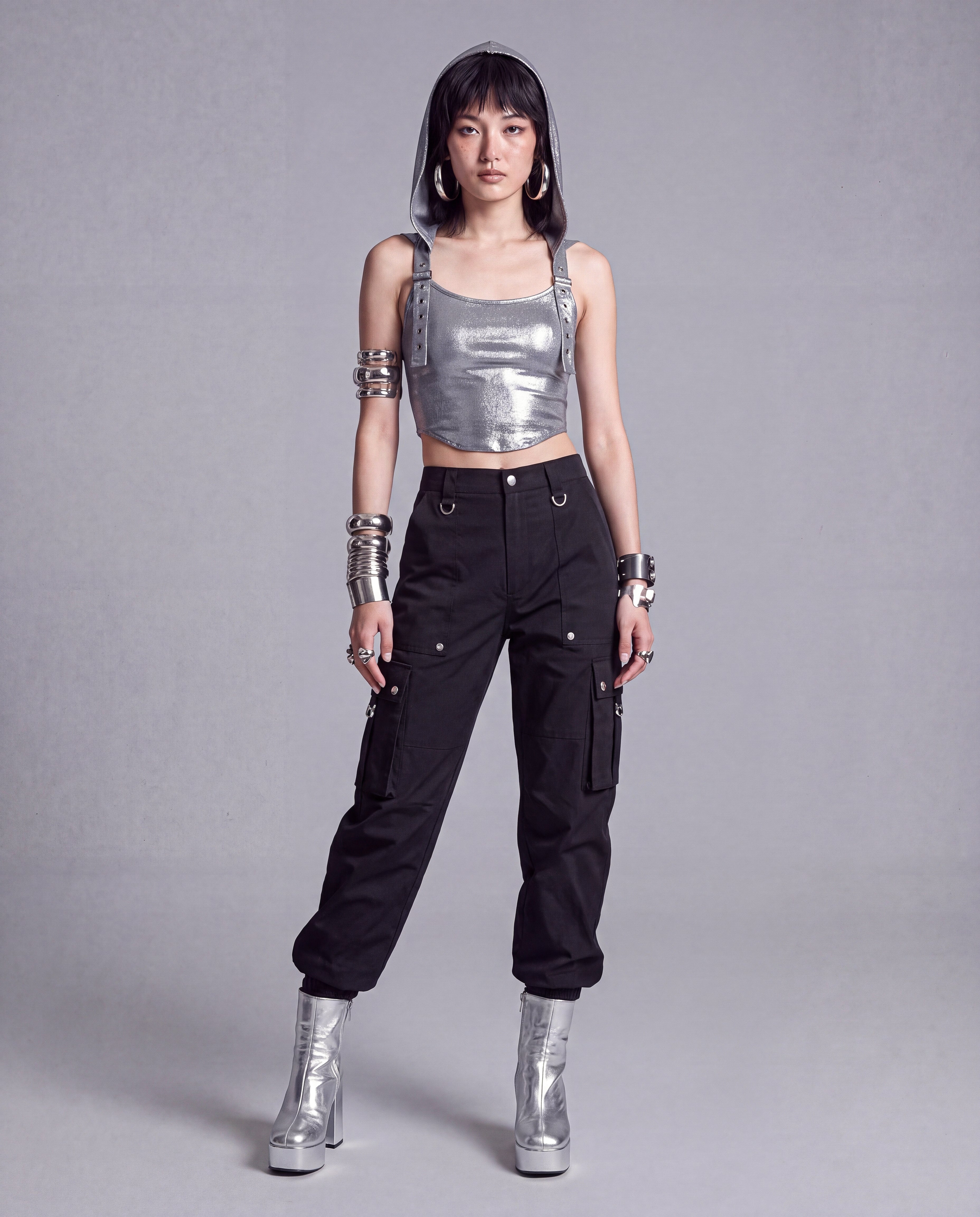Metallic Hooded Crop Tank Top with Adjustable Buckled Straps