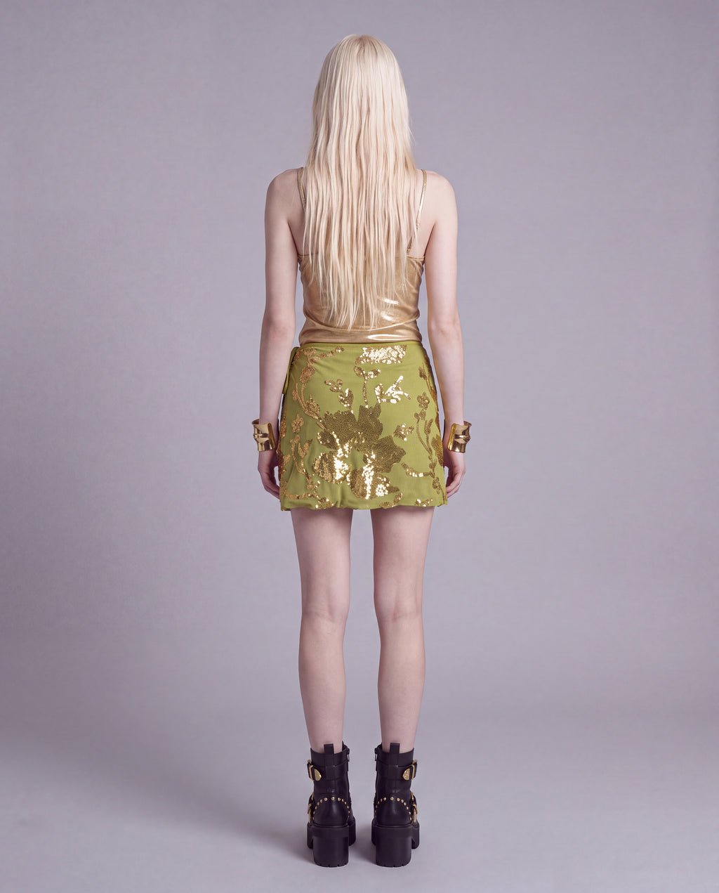 Sequin Embroidered Wrap Mini Skirt with Side Tie Detail
