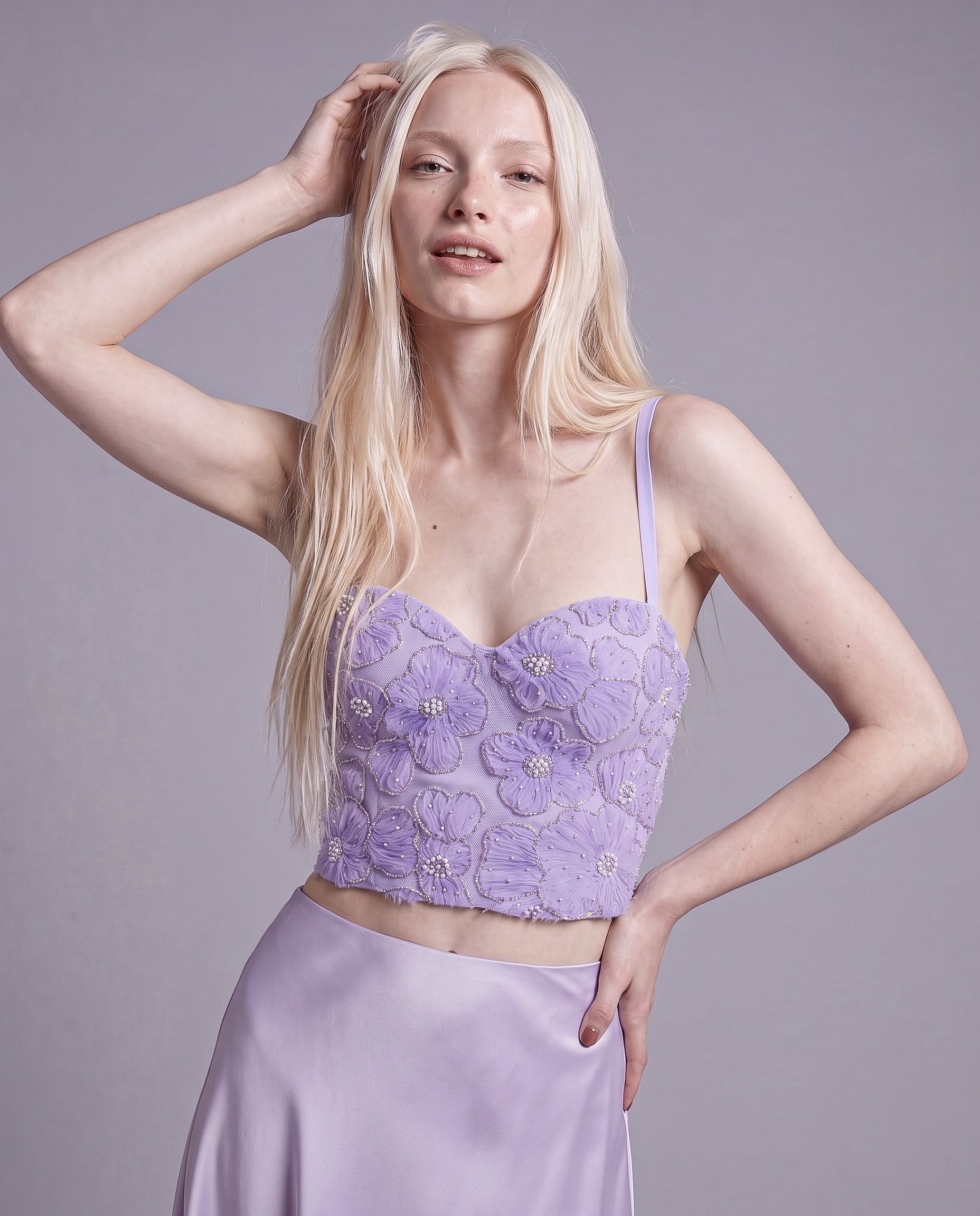 Floral Appliqué Corset Top with Beaded Sweetheart Neckline