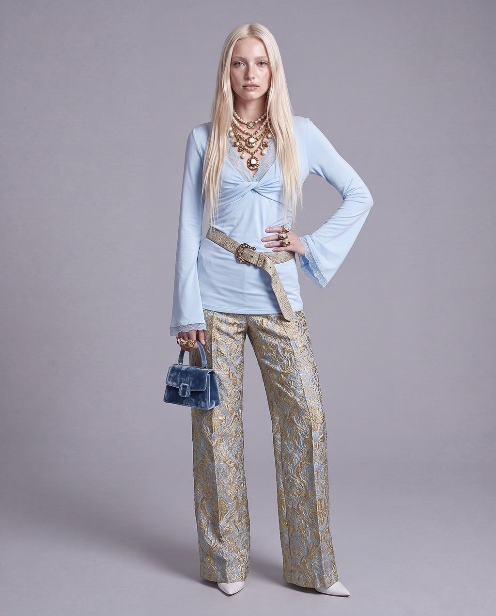 Lace Trim Long Sleeve Top with Twisted Front and Ruched Waist