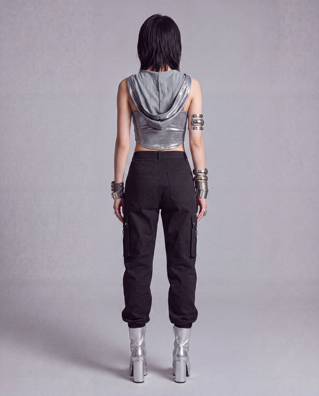 Metallic Hooded Crop Tank Top with Adjustable Buckled Straps