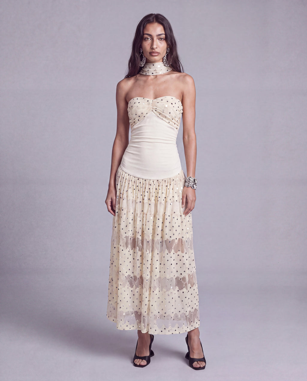Polka Dot Lace Halter Maxi Dress with Neck Scarf