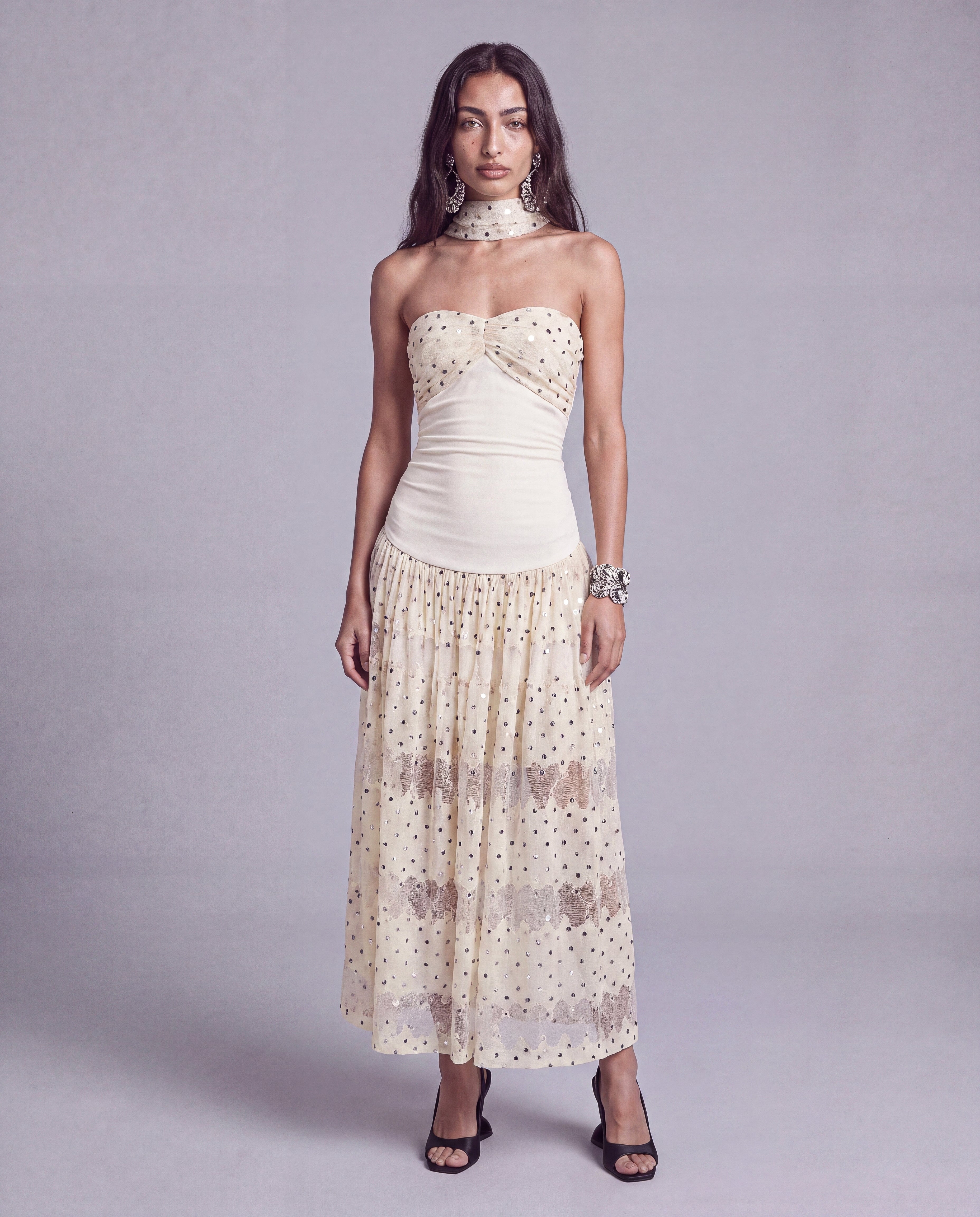 Polka Dot Lace Halter Maxi Dress with Neck Scarf