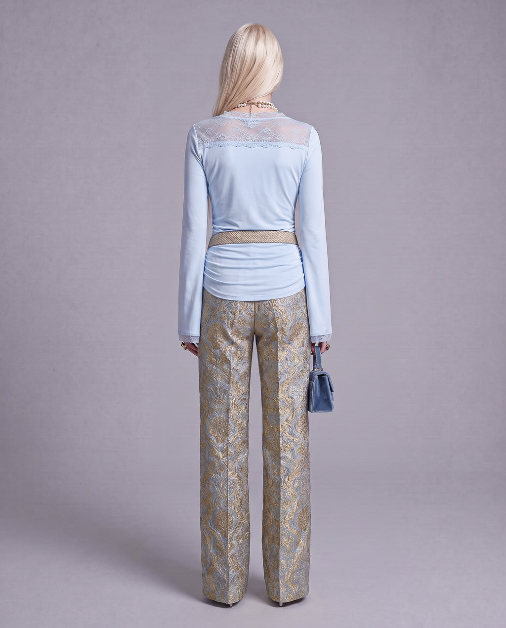 Lace Trim Long Sleeve Top with Twisted Front and Ruched Waist