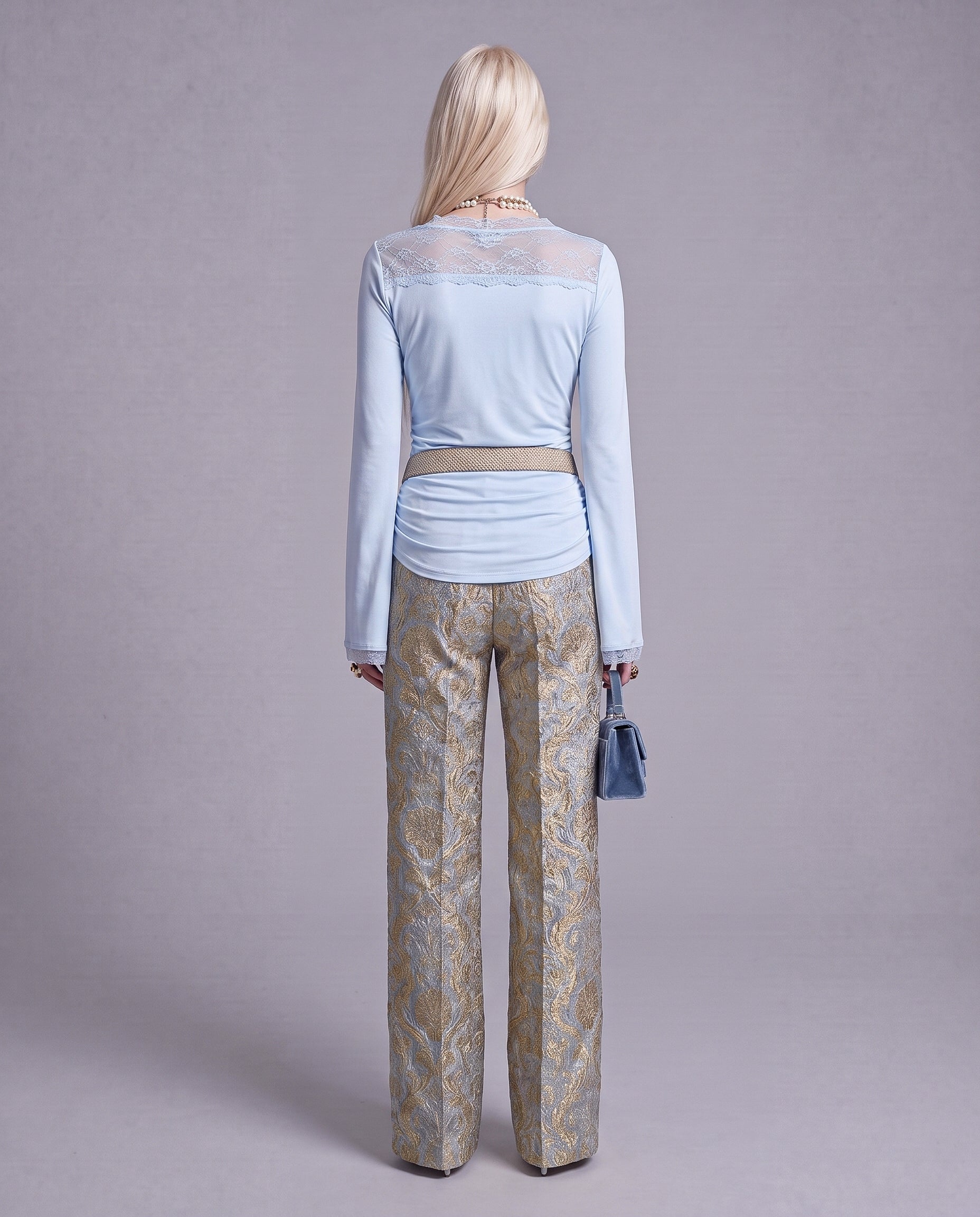 Lace Trim Long Sleeve Top with Twisted Front and Ruched Waist