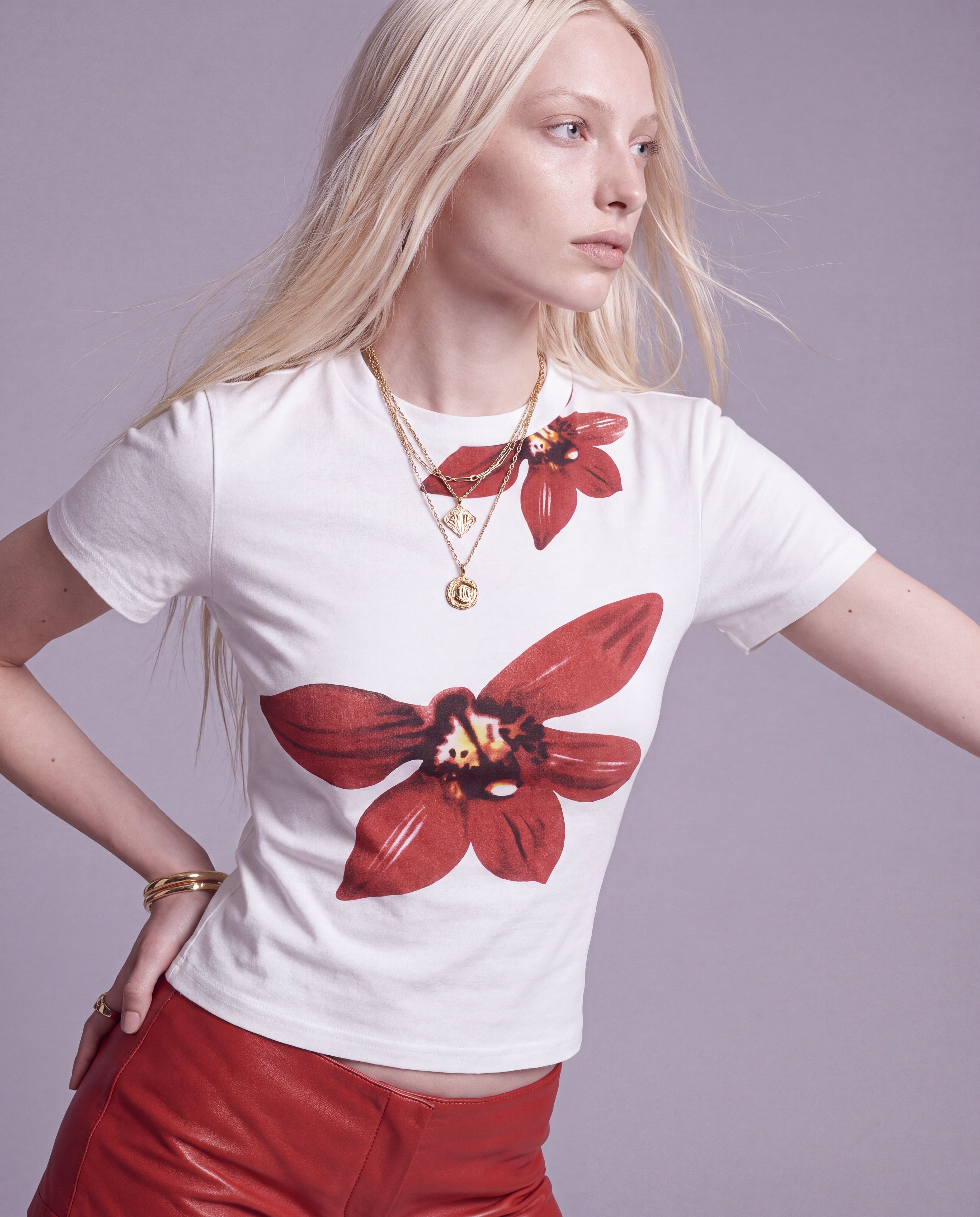 Floral Print Fitted Short Sleeve Top with Mock Neckline