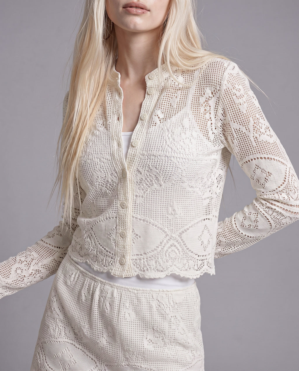 Crochet Lace Button-Front Cardigan and Mini Skirt Set