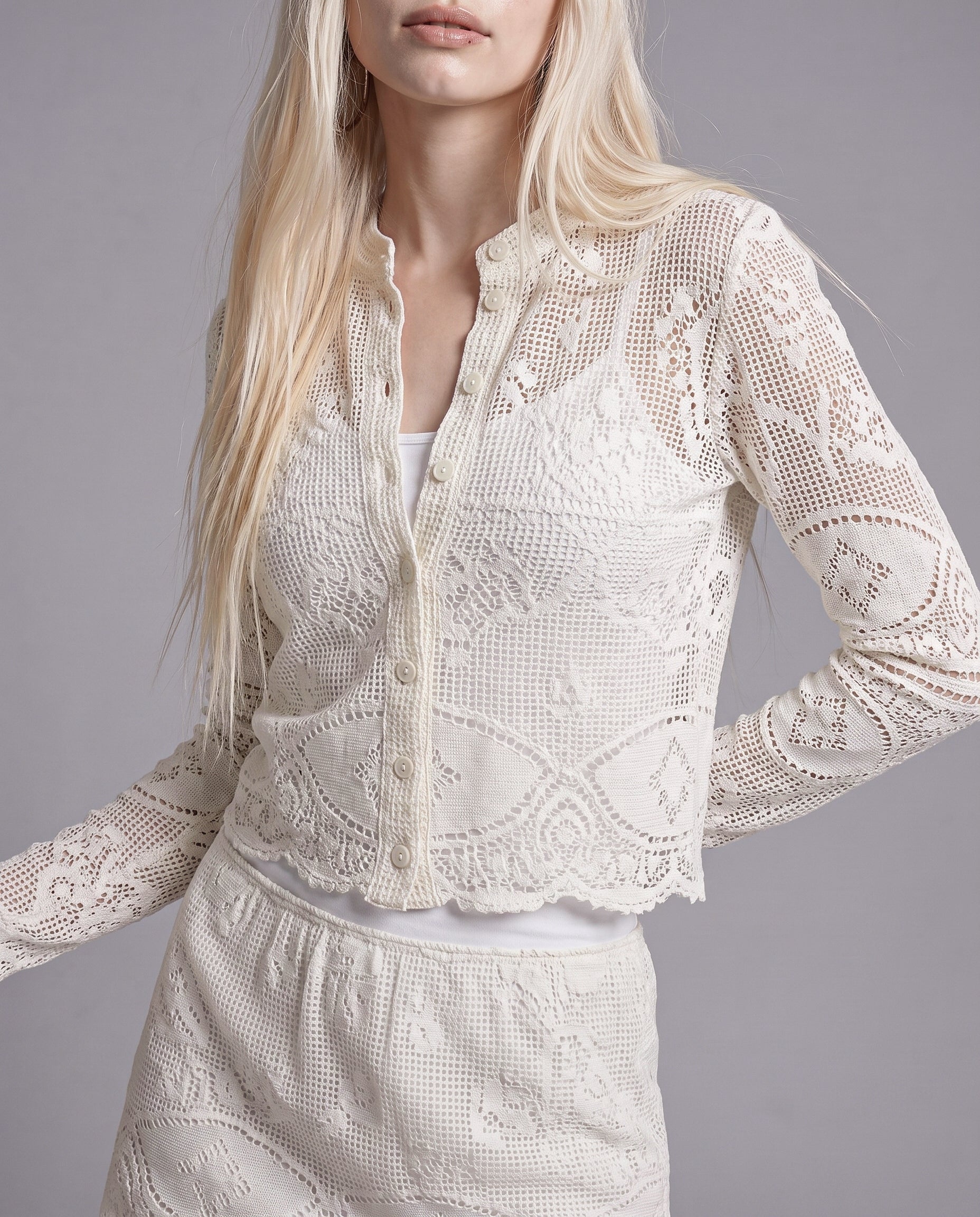 Crochet Lace Button-Front Cardigan and Mini Skirt Set