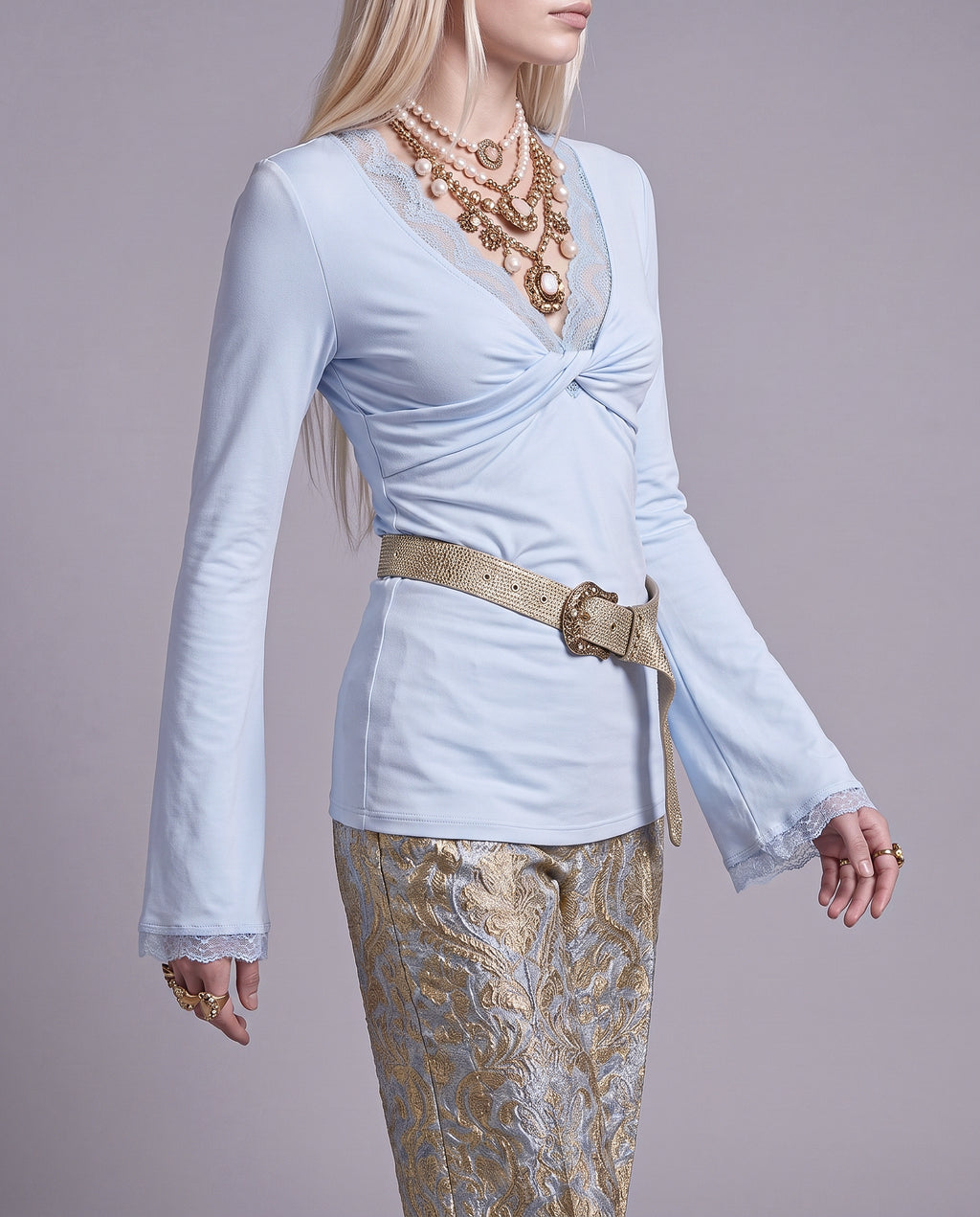Lace Trim Long Sleeve Top with Twisted Front and Ruched Waist
