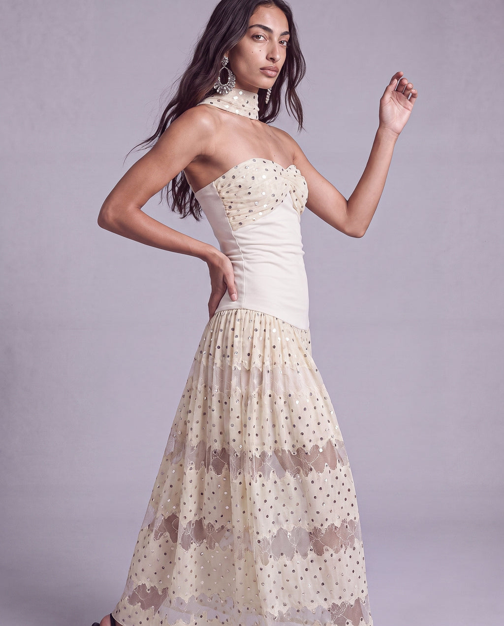 Polka Dot Lace Halter Maxi Dress with Neck Scarf