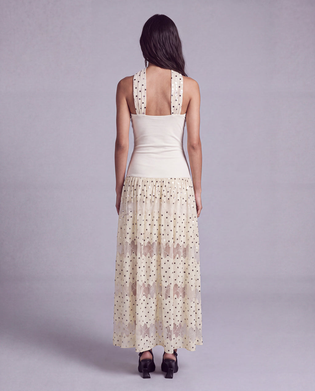 Polka Dot Lace Halter Maxi Dress with Neck Scarf