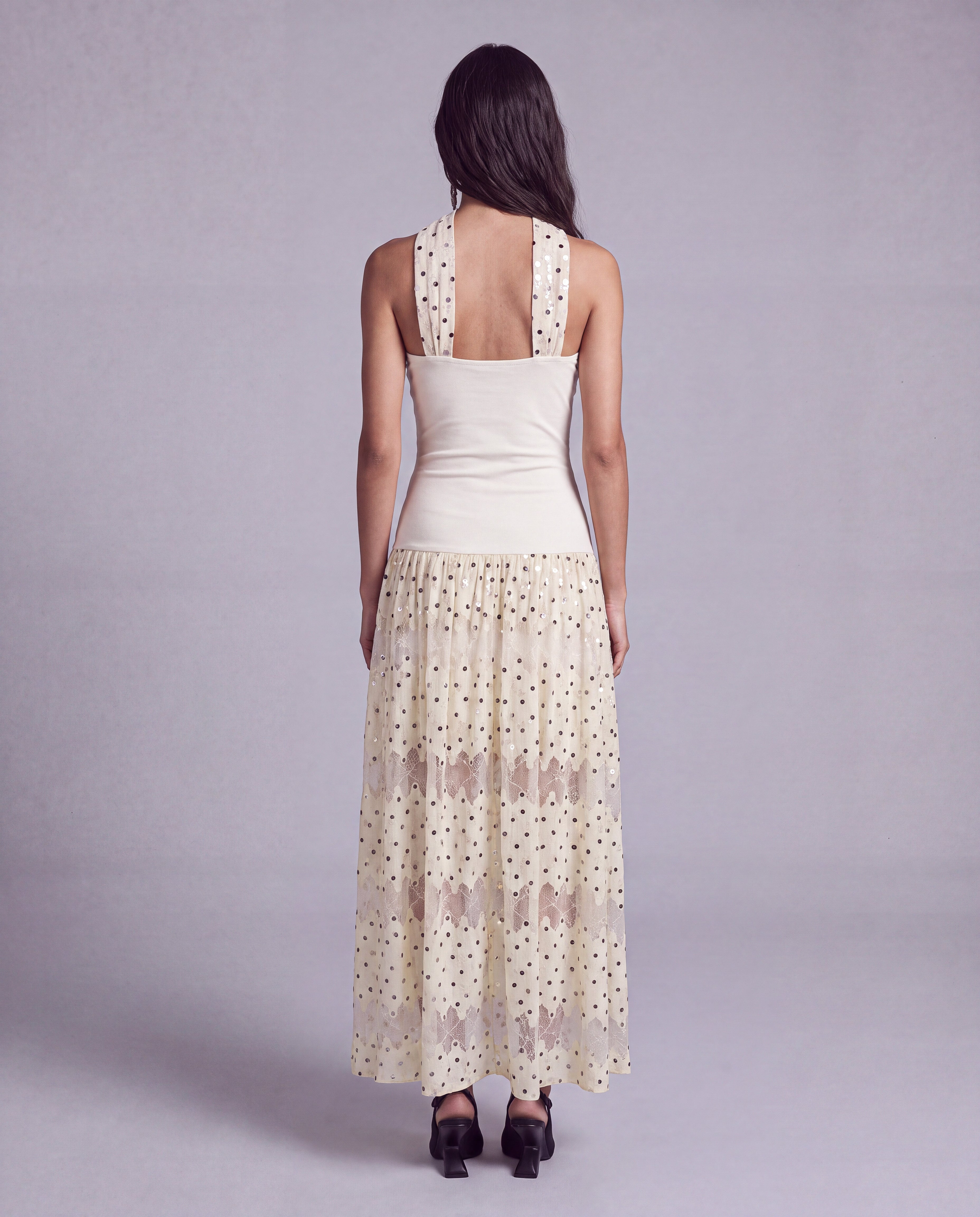 Polka Dot Lace Halter Maxi Dress with Neck Scarf
