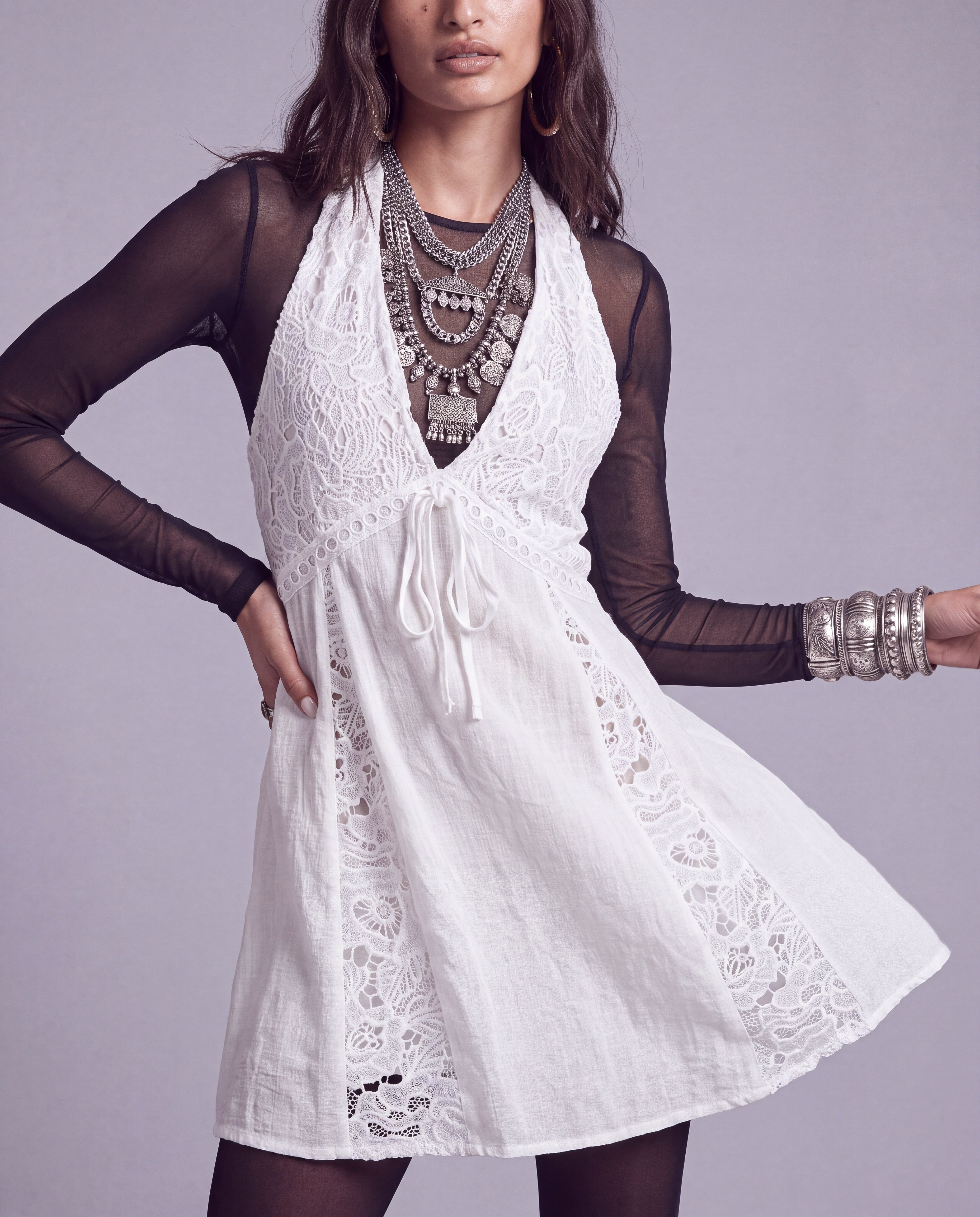 Lace Panel Halter Mini Dress with Plunging V Neckline and Tie Front
