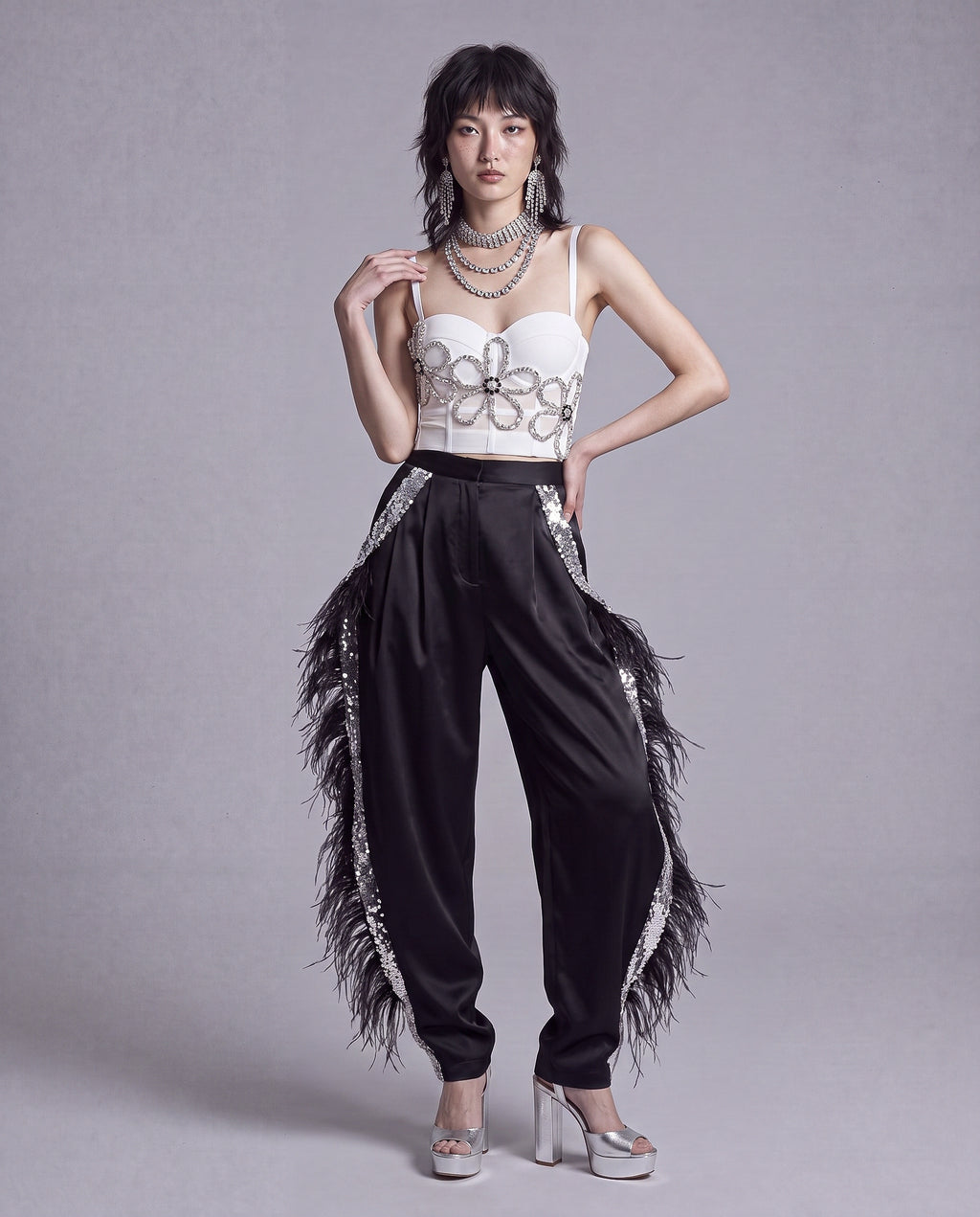 Crystal Floral Appliqué Corset Top with Sheer Mesh Back