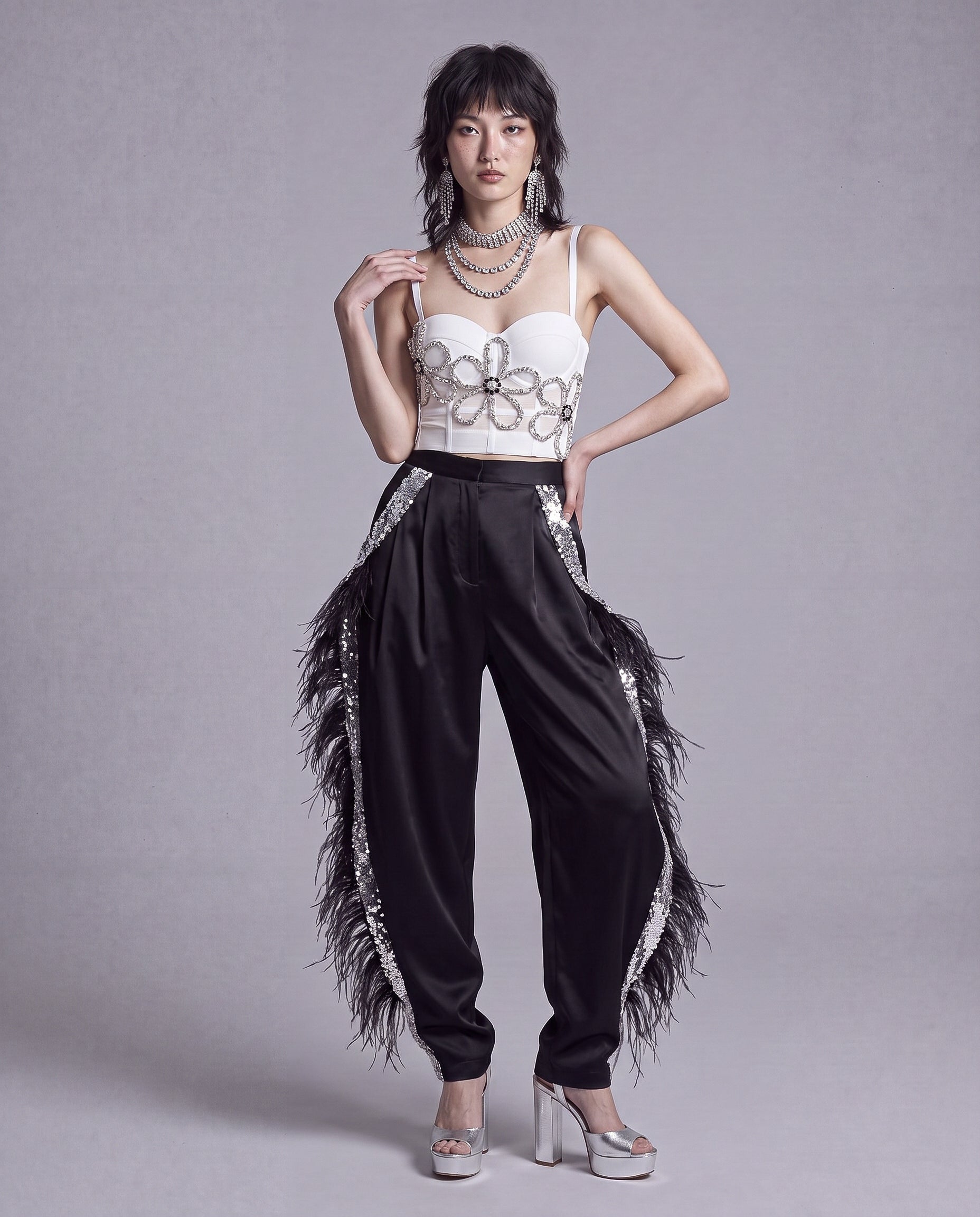 Crystal Floral Appliqué Corset Top with Sheer Mesh Back