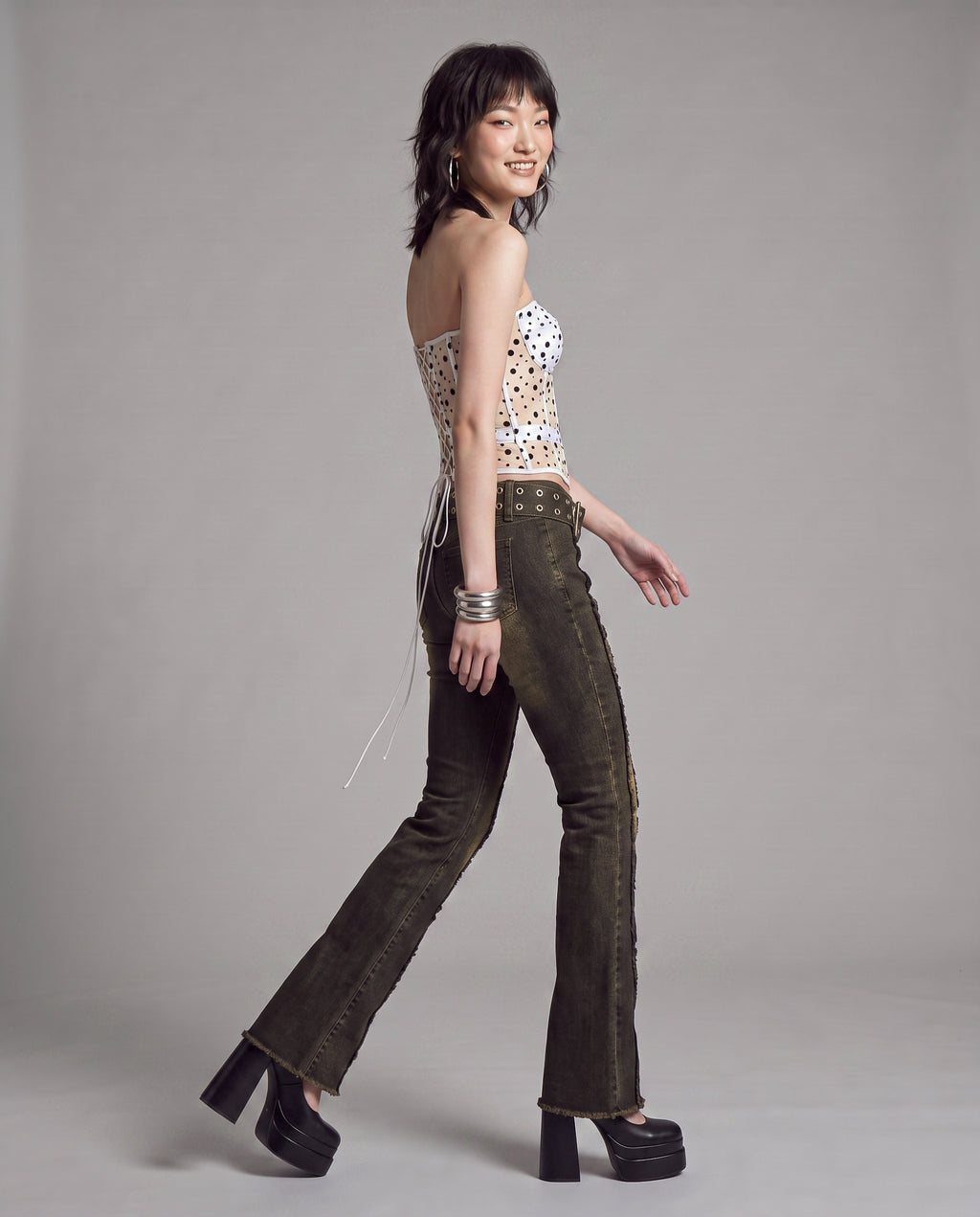 Polka Dot Sheer Mesh Corset Top with Lace-Up Back