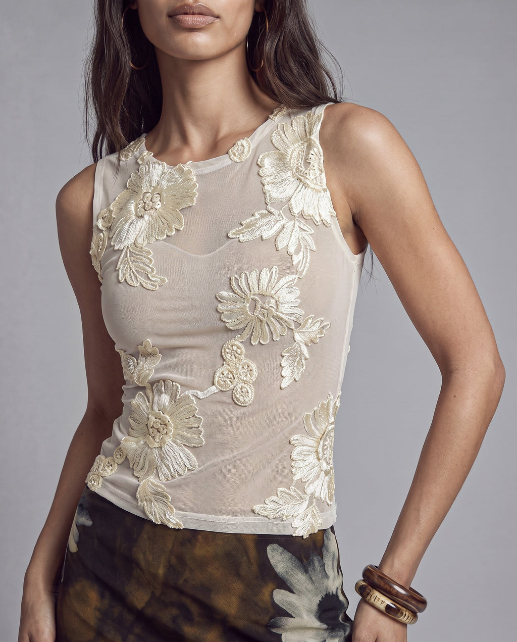Sheer Mesh Tank Top with Raised Floral Embroidery