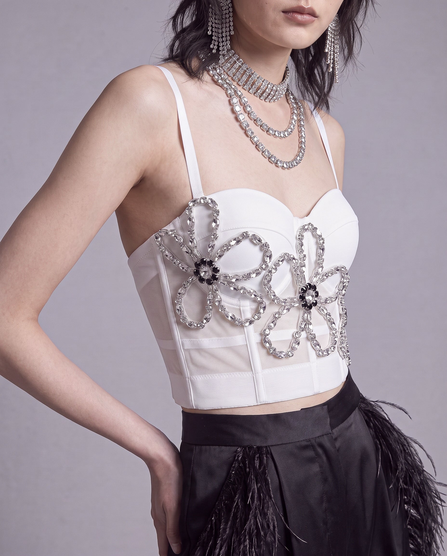 Crystal Floral Appliqué Corset Top with Sheer Mesh Back
