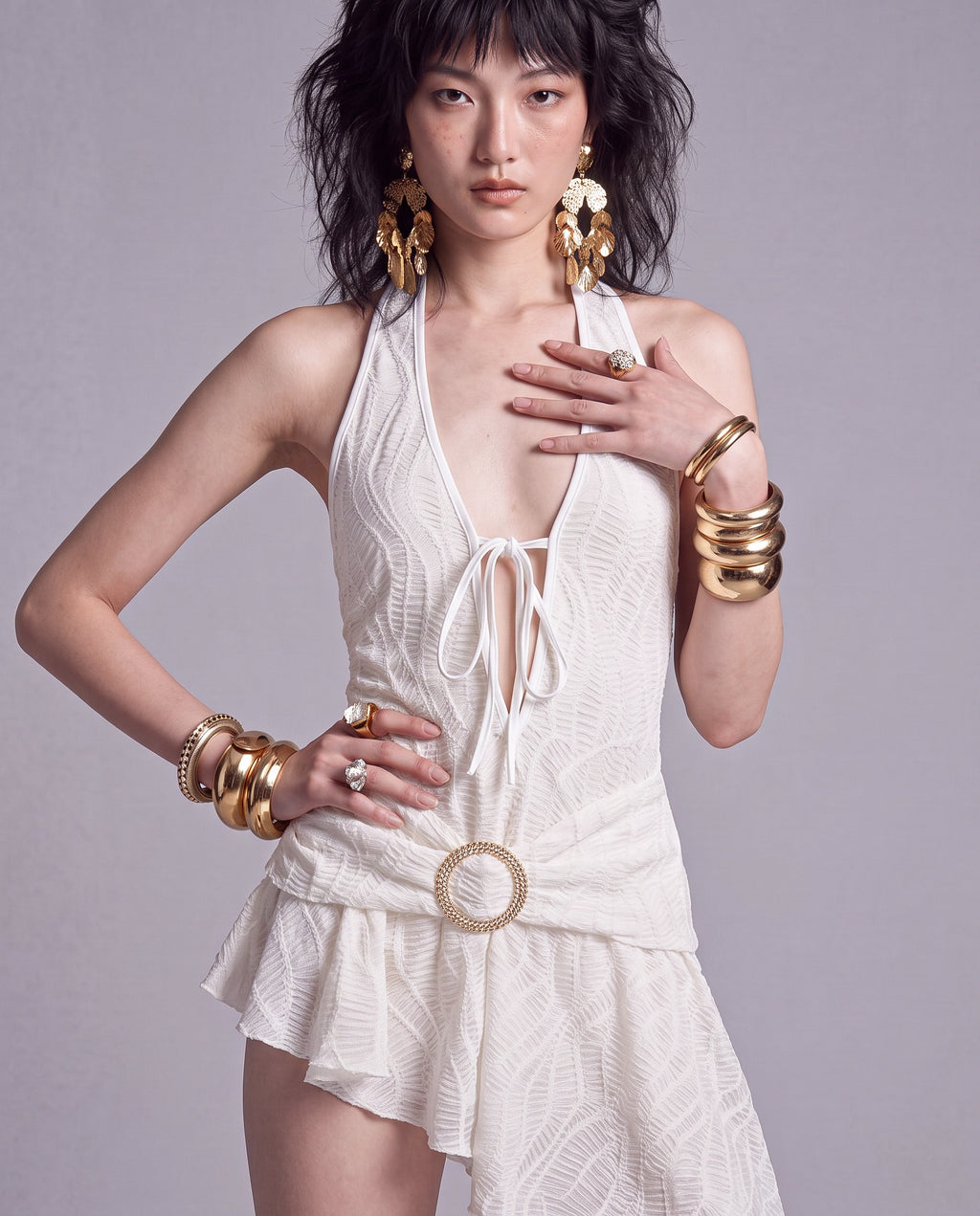 Lace Halter Mini Dress with Plunging Tie Front and Draped Hip Detail