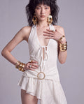Lace Halter Mini Dress with Plunging Tie Front and Draped Hip Detail