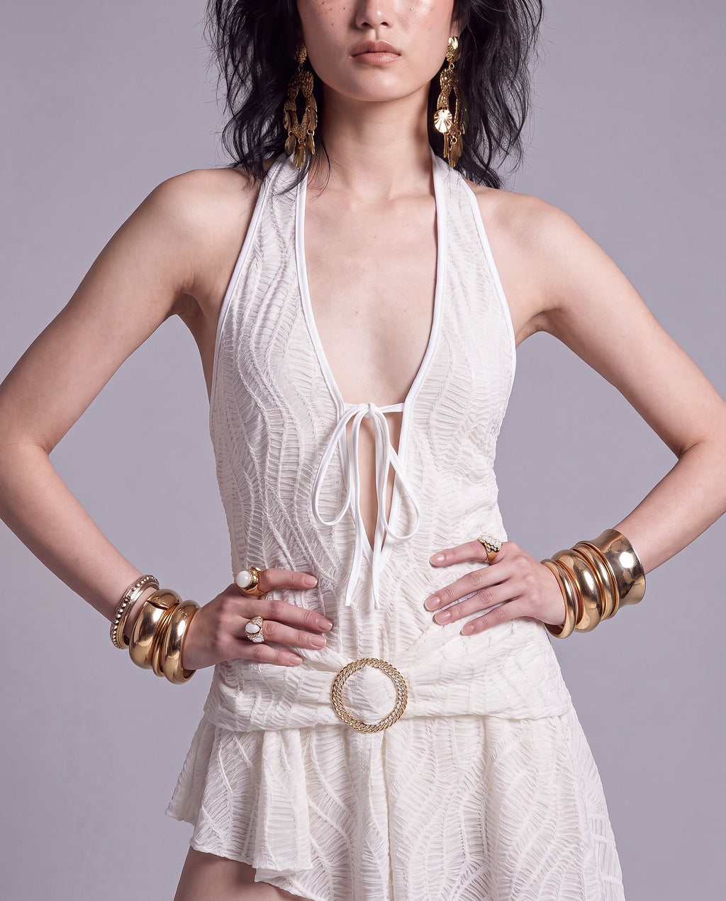 Lace Halter Mini Dress with Plunging Tie Front and Draped Hip Detail
