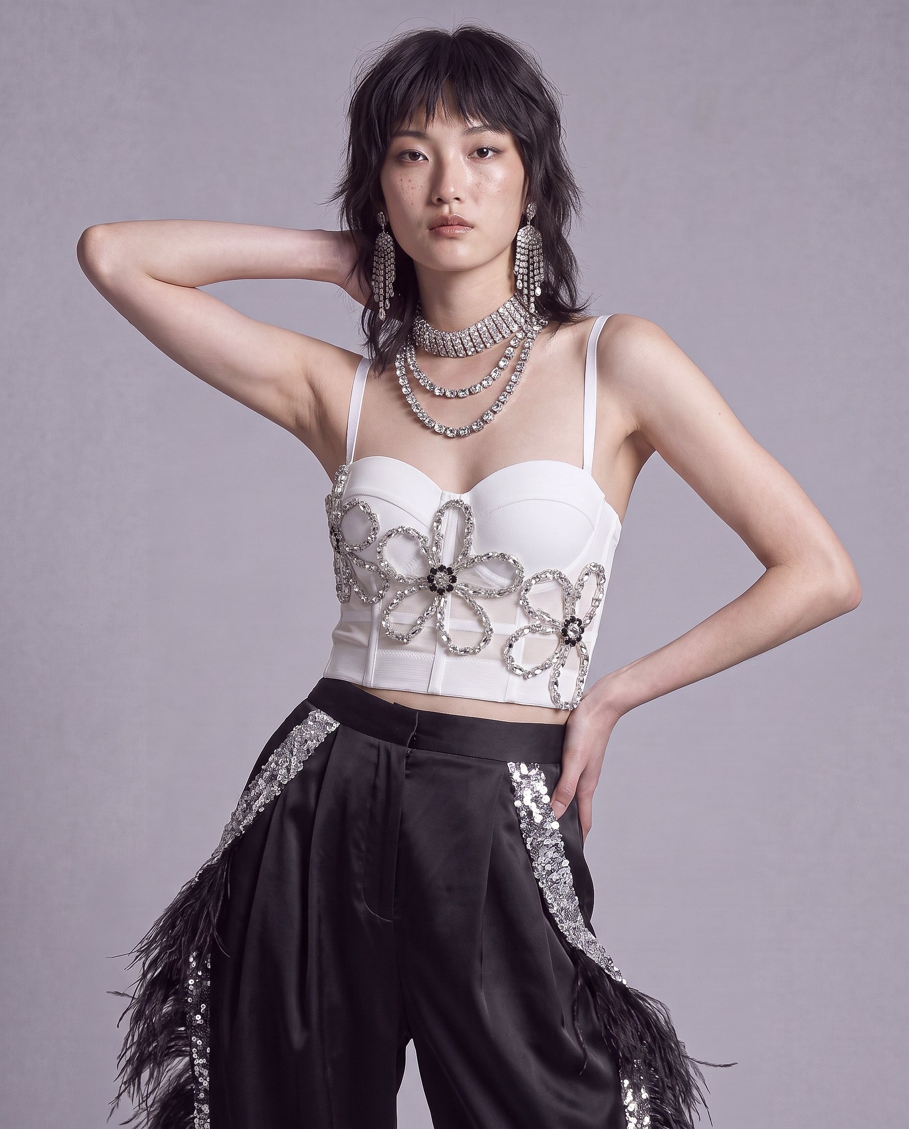 Crystal Floral Appliqué Corset Top with Sheer Mesh Back