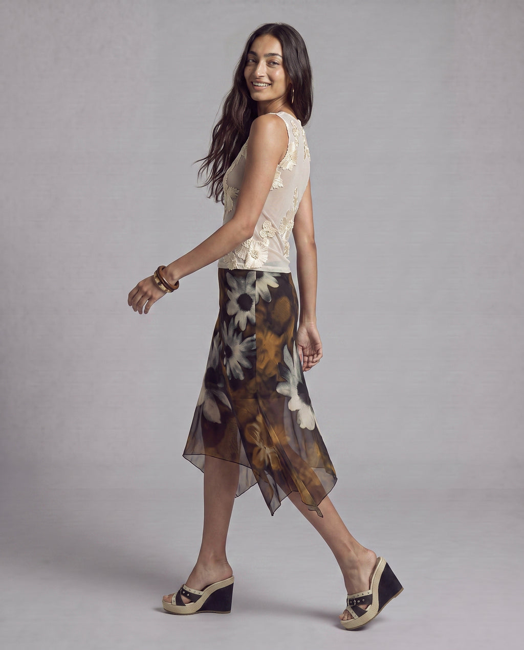 Sheer Mesh Tank Top with Raised Floral Embroidery