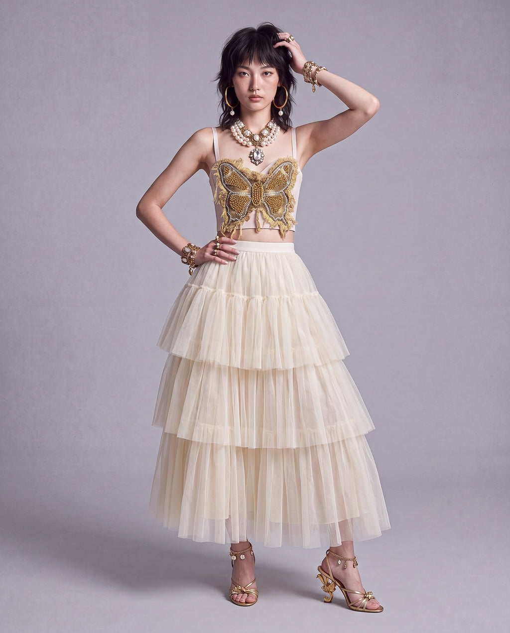 Embellished Butterfly Corset Top with Beaded Appliqué and Frayed Trim