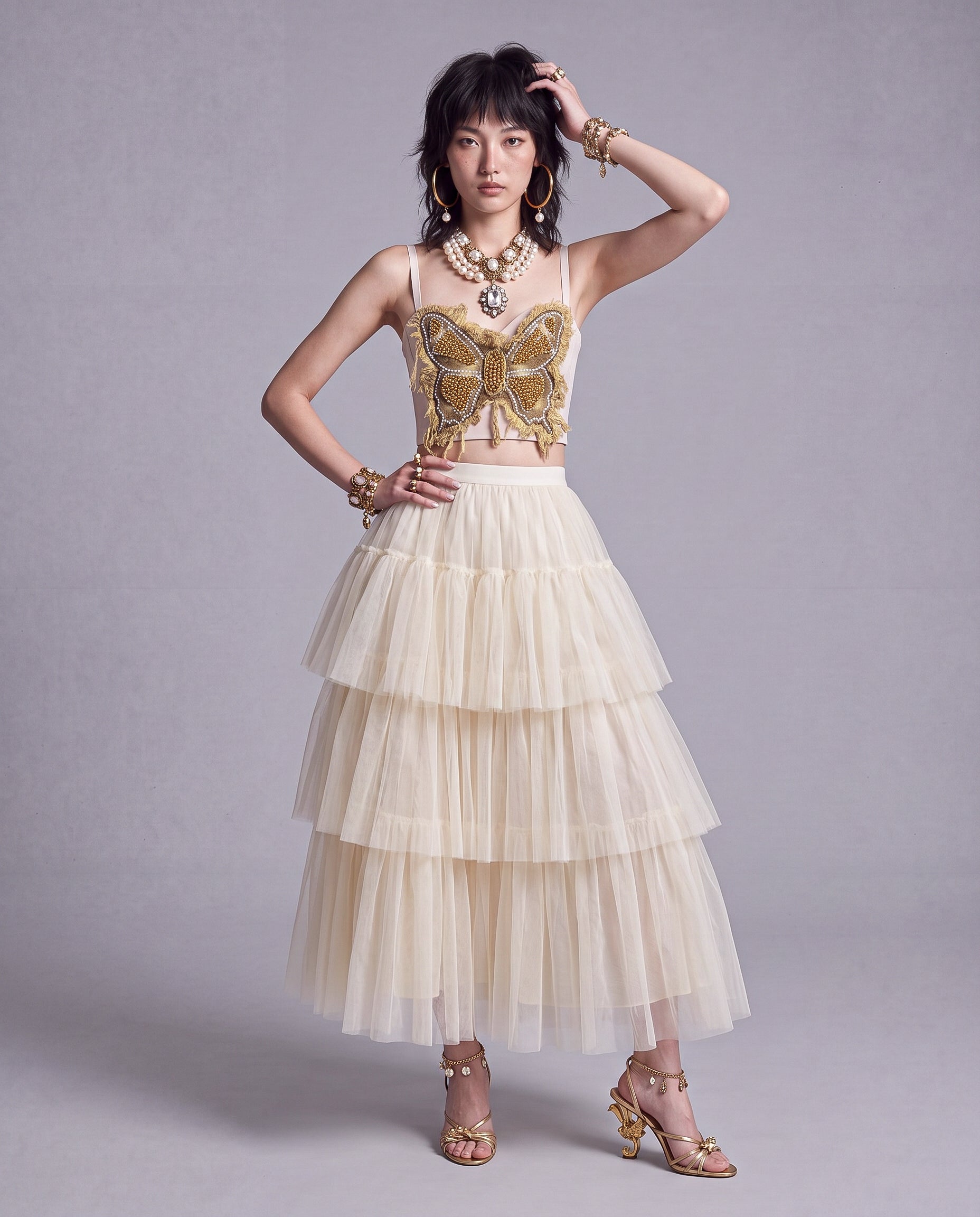 Embellished Butterfly Corset Top with Beaded Appliqué and Frayed Trim