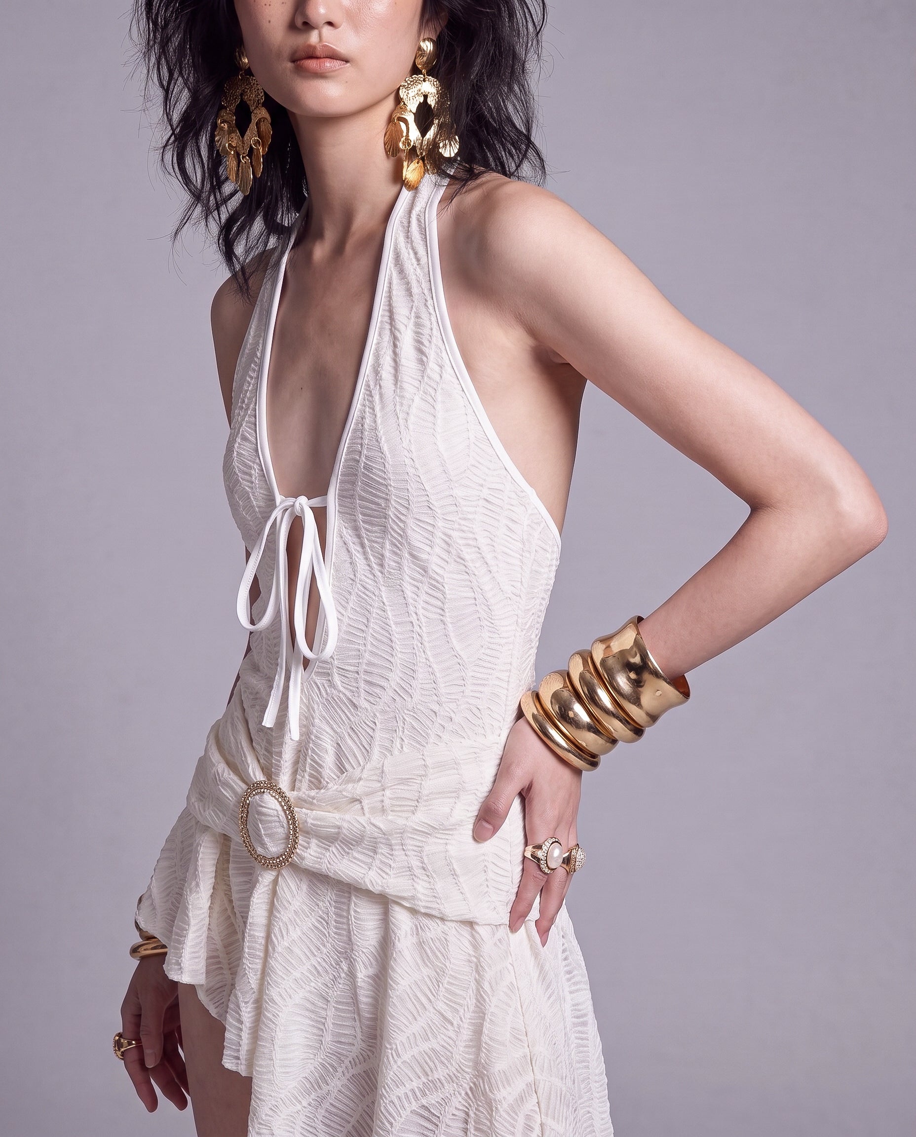 Lace Halter Mini Dress with Plunging Tie Front and Draped Hip Detail
