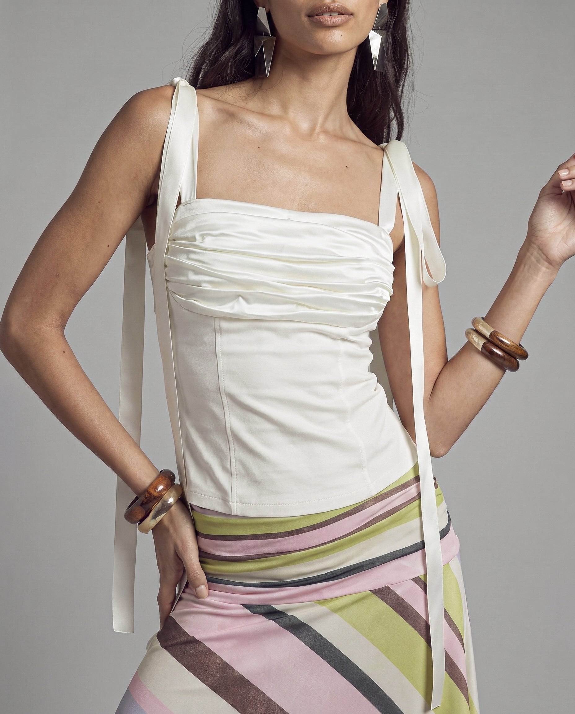 Satin Ruched Bust Top with Long Tie Shoulder Straps