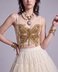 Embellished Butterfly Corset Top with Beaded Appliqué and Frayed Trim