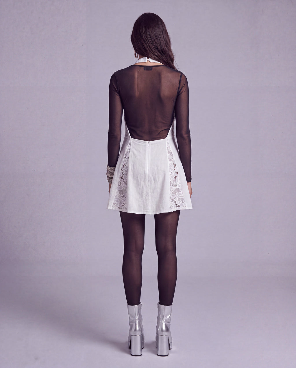 Lace Panel Halter Mini Dress with Plunging V Neckline and Tie Front