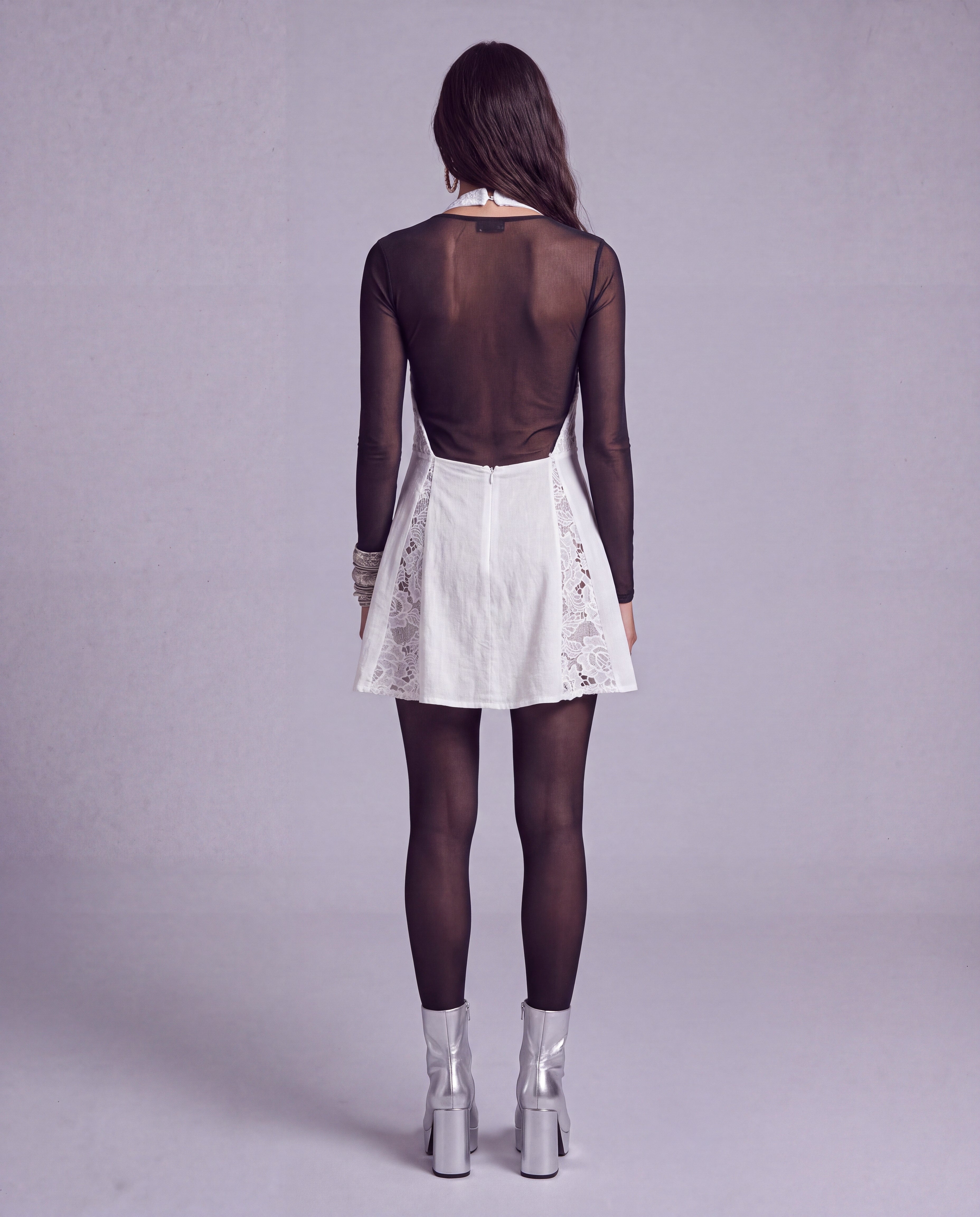 Lace Panel Halter Mini Dress with Plunging V Neckline and Tie Front