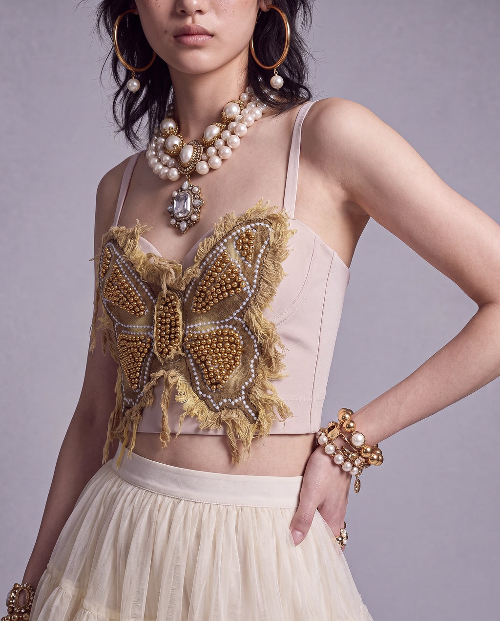 Embellished Butterfly Corset Top with Beaded Appliqué and Frayed Trim