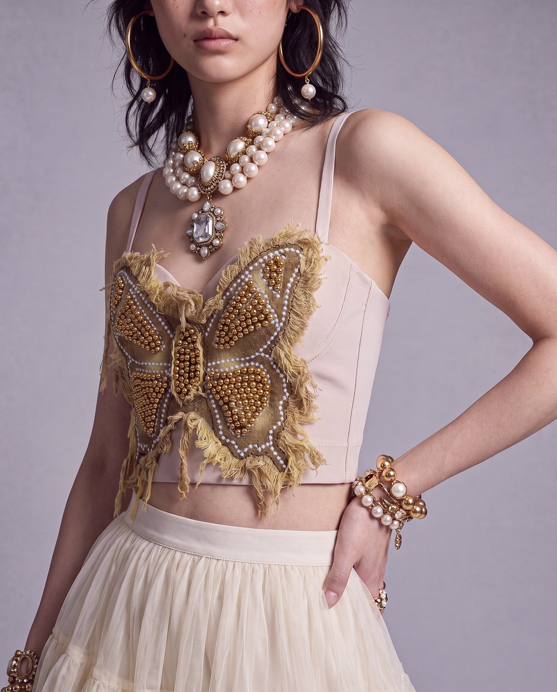 Embellished Butterfly Corset Top with Beaded Appliqué and Frayed Trim