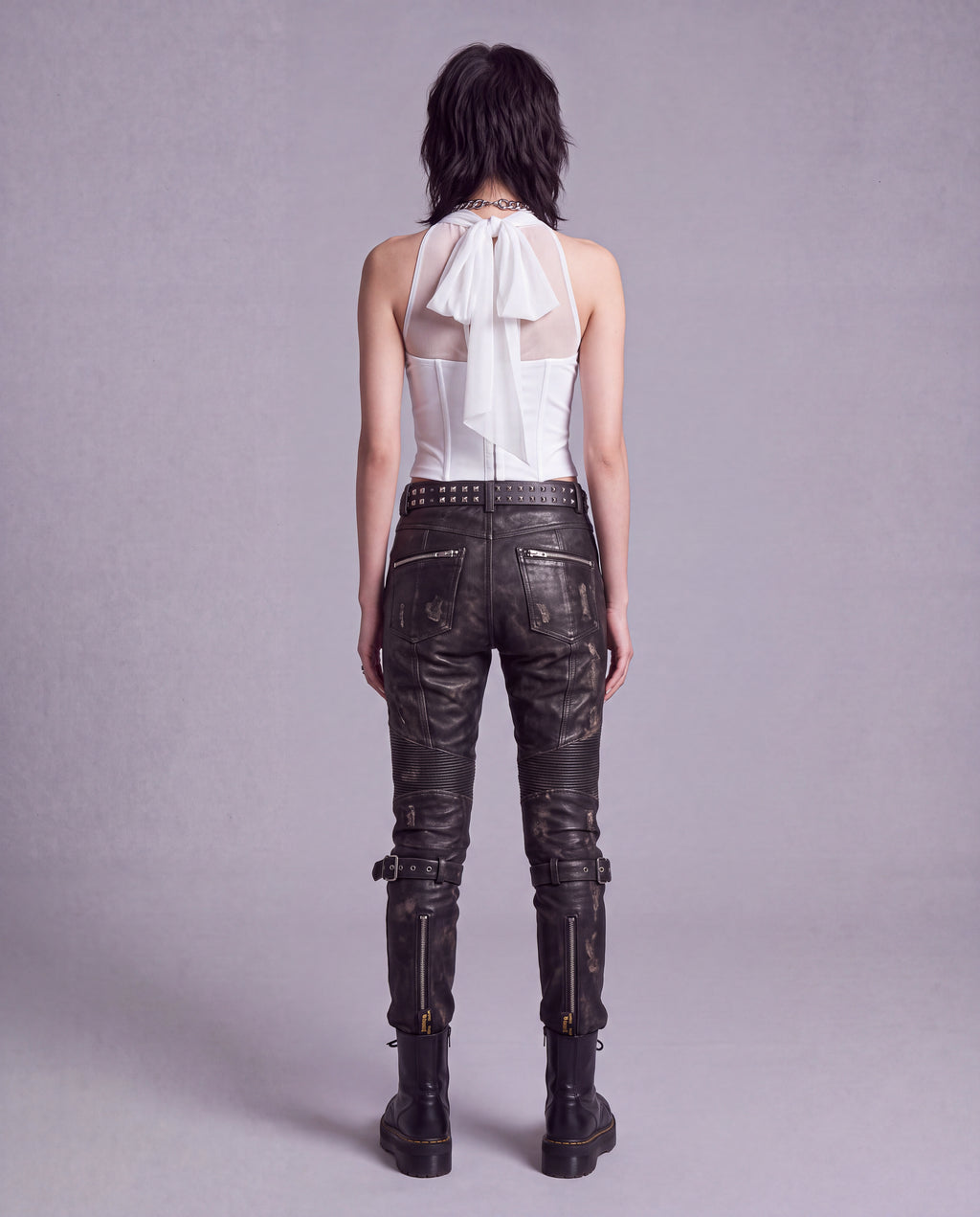 Sheer Draped Halter Corset Top with Structured Waist and Tie Back